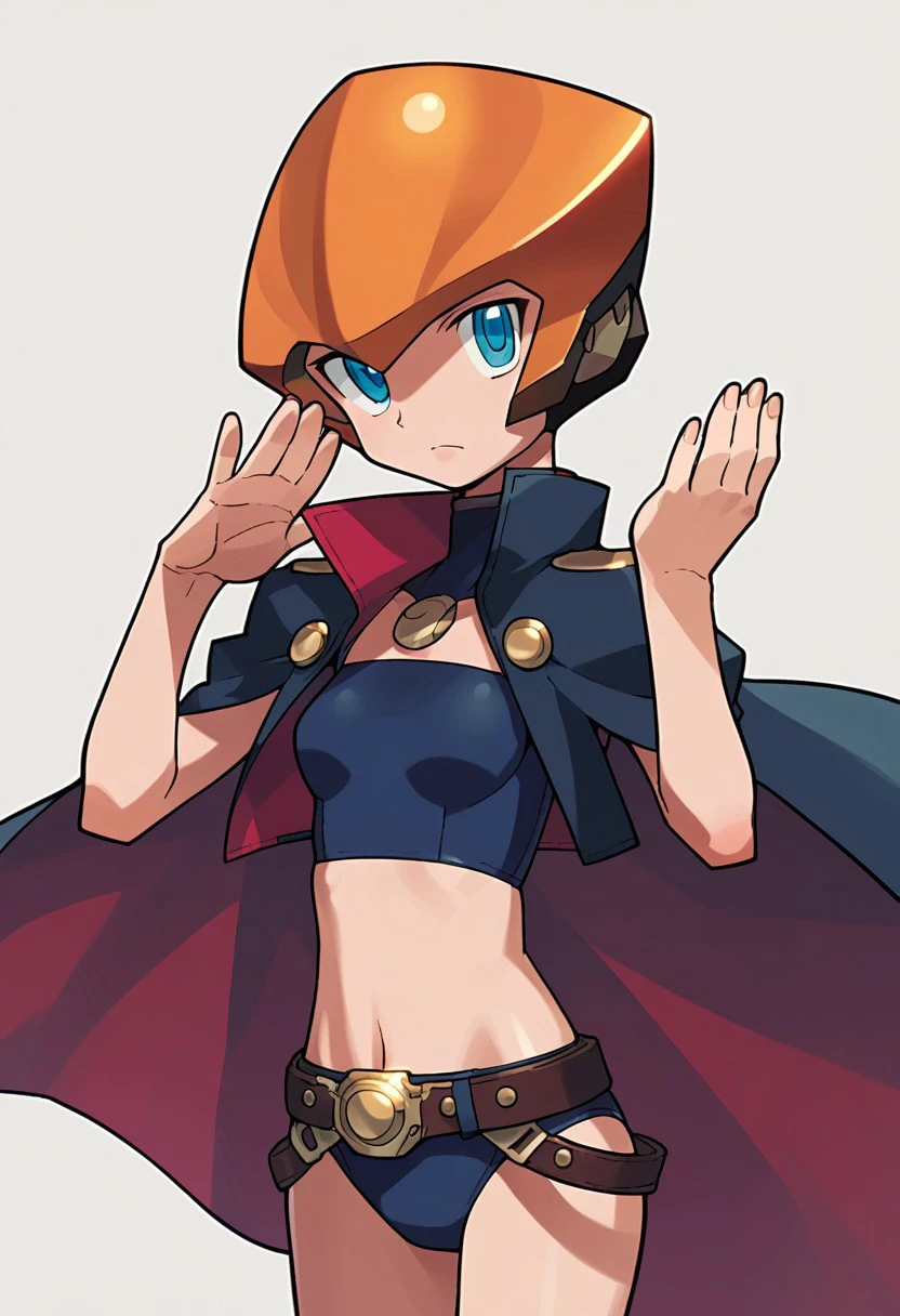 score_9, score_8, score_7, source_anime, medium breasts, flat chest, shirt, cape, hands up, robot, ;d, cropped jacket, belt, swimsuit