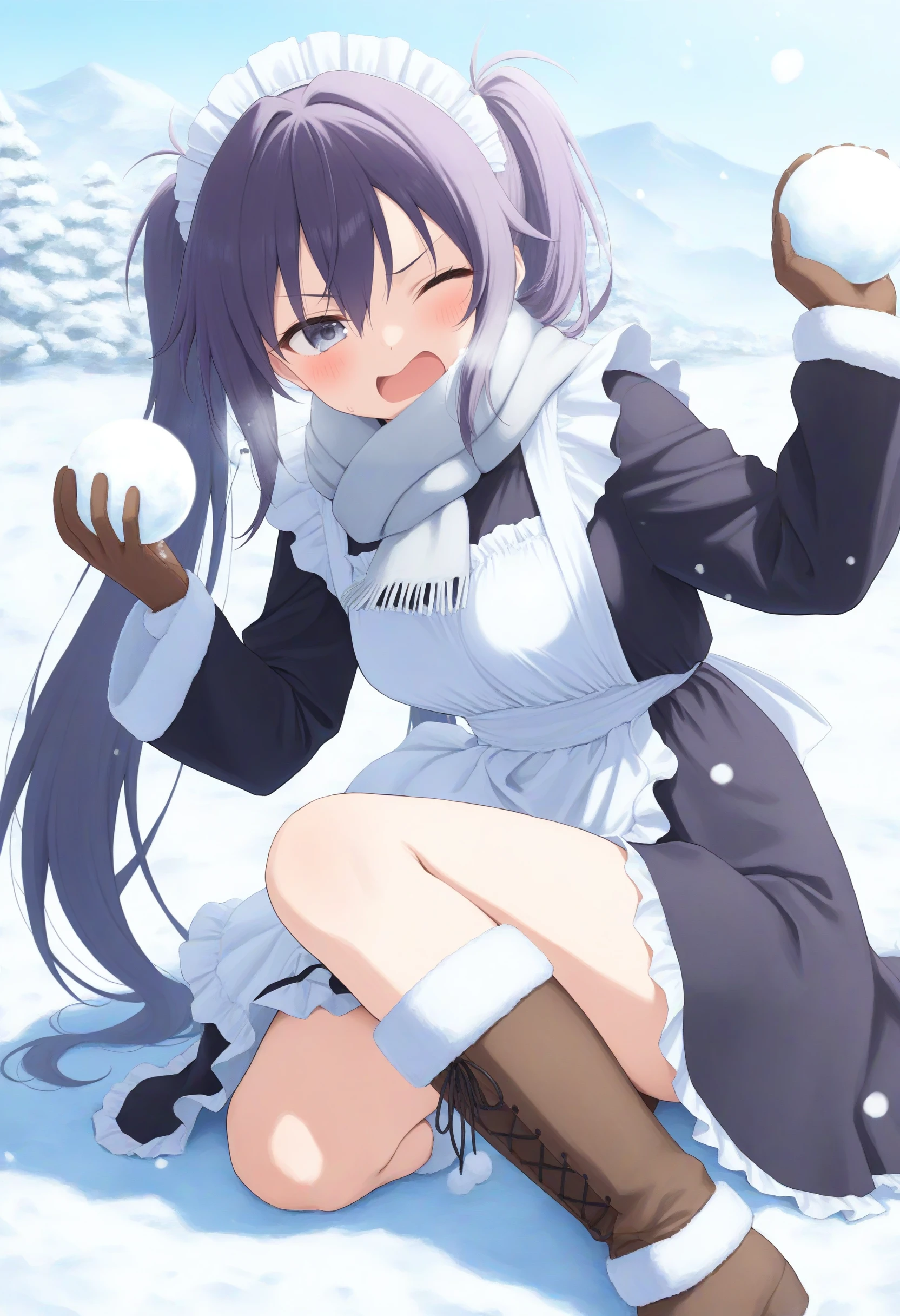 1girl,(sho \(sho lwlw\):0.7),(toosaka asagi:0.5),(sincos:0.3),solo,
masterpiece, best quality, newest, absurdres, CG, anime, source anime, illustration,
maid, maid headdress,medium breasts,
snowball fight, snowball, snow, snowing, outdoors,
winter, winter clothes, open coat, boots, gloves,  coat,  scarf, long sleeves, blush, breath,
one eye closed, sitting, holding,  <lora:snowballfight_Illust_v1:0.8>
from side, fisheye lens, looking down, purple hair, white eyes,water eye, closed mouth, split ponytail hair,