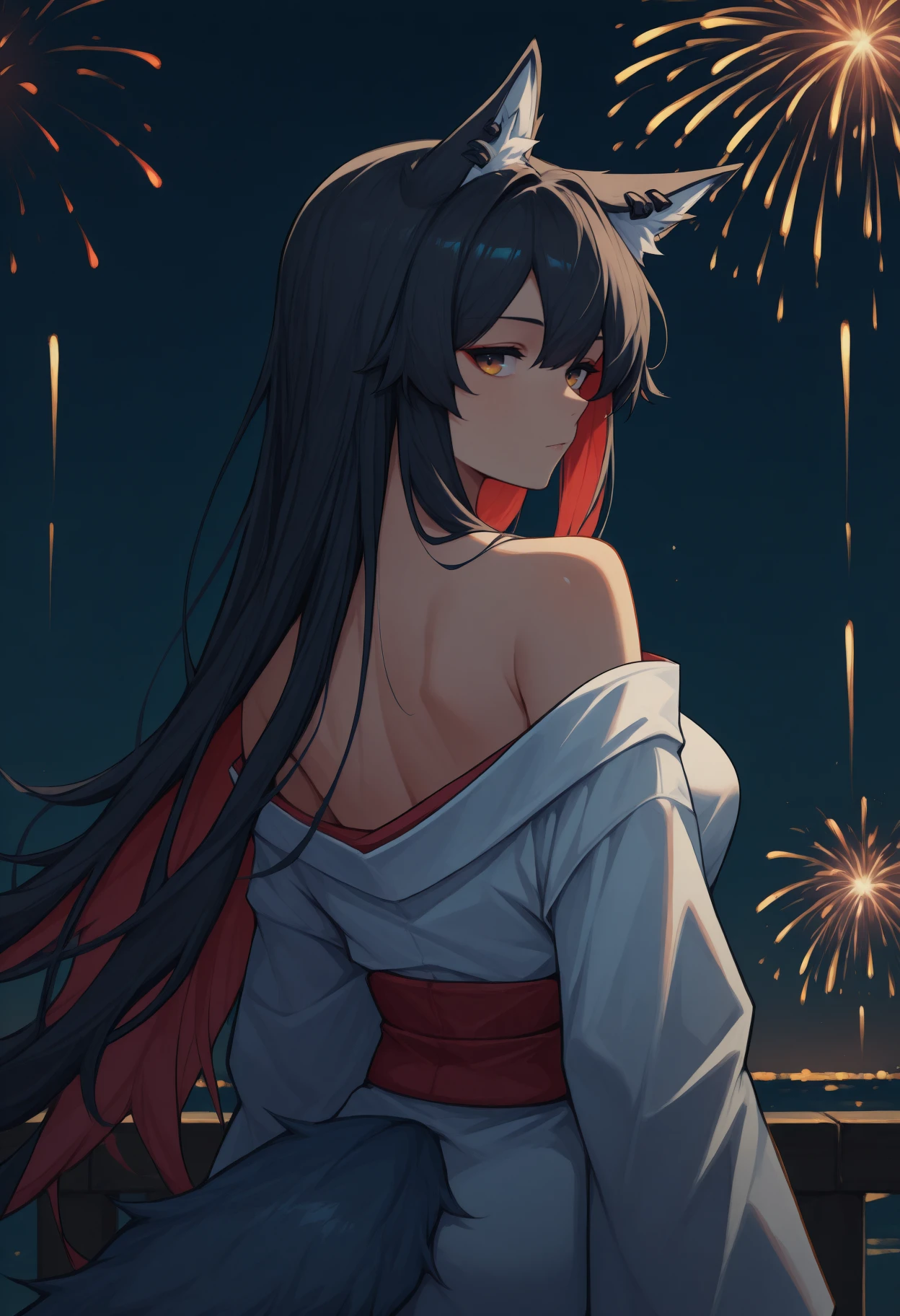 anime, masterpiece, best quality, <break> from behind, solo, 1girl, tex4s, ear piercing, wolf tail, expressionless, looking back, long hair, colored inner hair, black hair, red hair, hair between eyes, animal ears, animal ear fluff, gradient eyes, yellow eyes, japanese clothes, white kimono, off shoulder, red sash, bare shoulders, shoulder blades, outdoors, night, fireworks
<segment:yolo-Anzhc Face seg 640 v2 y8n.pt,0.4,0.5//cid=1>