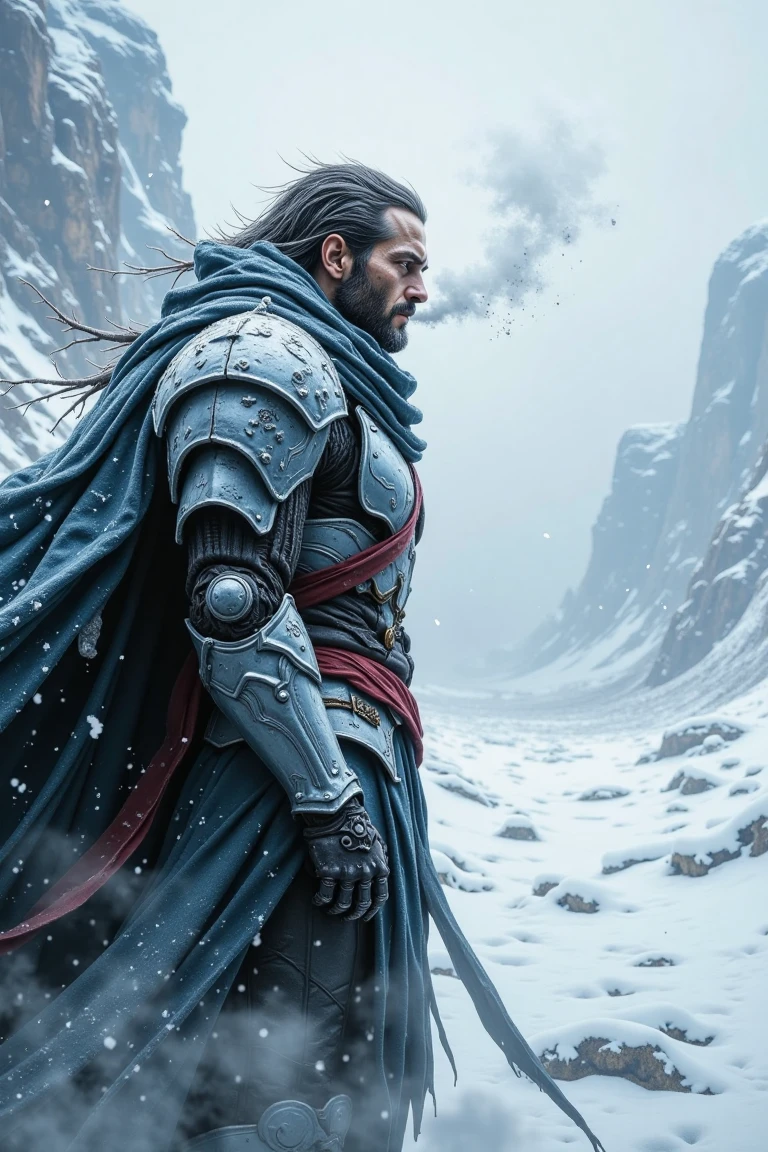 A frozen sentinel stands at the edge of a desolate winter landscape, 'Assassin's Creed' inspired. The warrior's rugged visage, weathered by biting cold, seems to defy the icy tempest raging behind them. Frost-encrusted armor glimmers like delicate crystal, as misty breath escapes their lips, veiling the frozen terrain. Soft, swirling blues and whites envelop the scene, while dark shadows hint at a mysterious world beyond.,north_rest