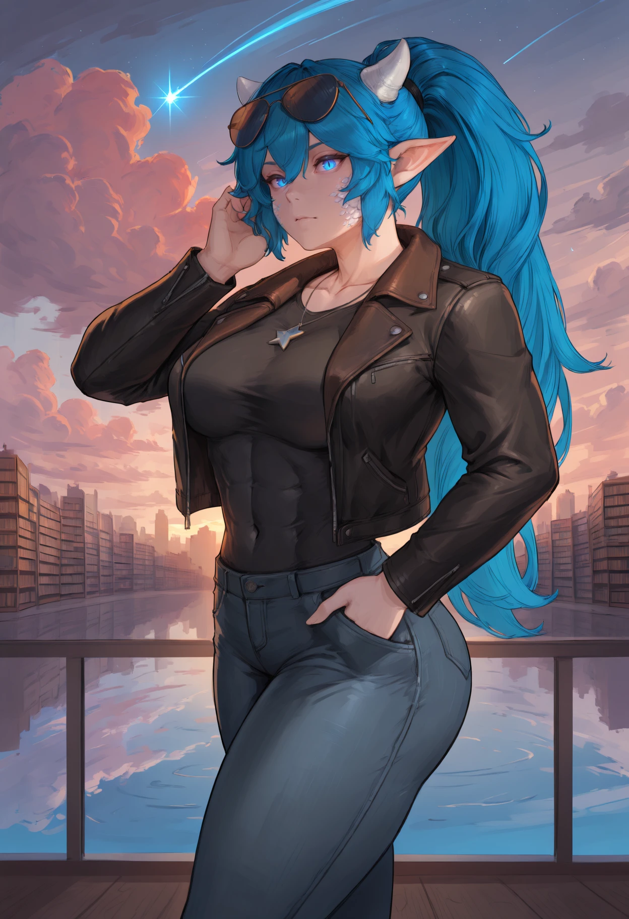 masterpiece, best quality, toned
nvdpwt, 1girl, pointy ears, blue hair, library, blue eyes, ponytail, long hair, dragon girl, dragon horns, glowing eyes, hair between eyes, scales, slit pupils,
large breasts, aviator sunglasses, eyewear on head, silver star necklace, collarbone, black jacket, leather jacket, black t-shirt, denim jeans, covered abs, covered navel, (looking at viewer:1.1), bedroom eyes, hand in pockets, from side, bubblegum, hand in own hair, outdoors, sunset, cloud, abstract background, reflection, shooting star, landscape, water,
<lora:nvdpwt_idxl_EliPot:1>