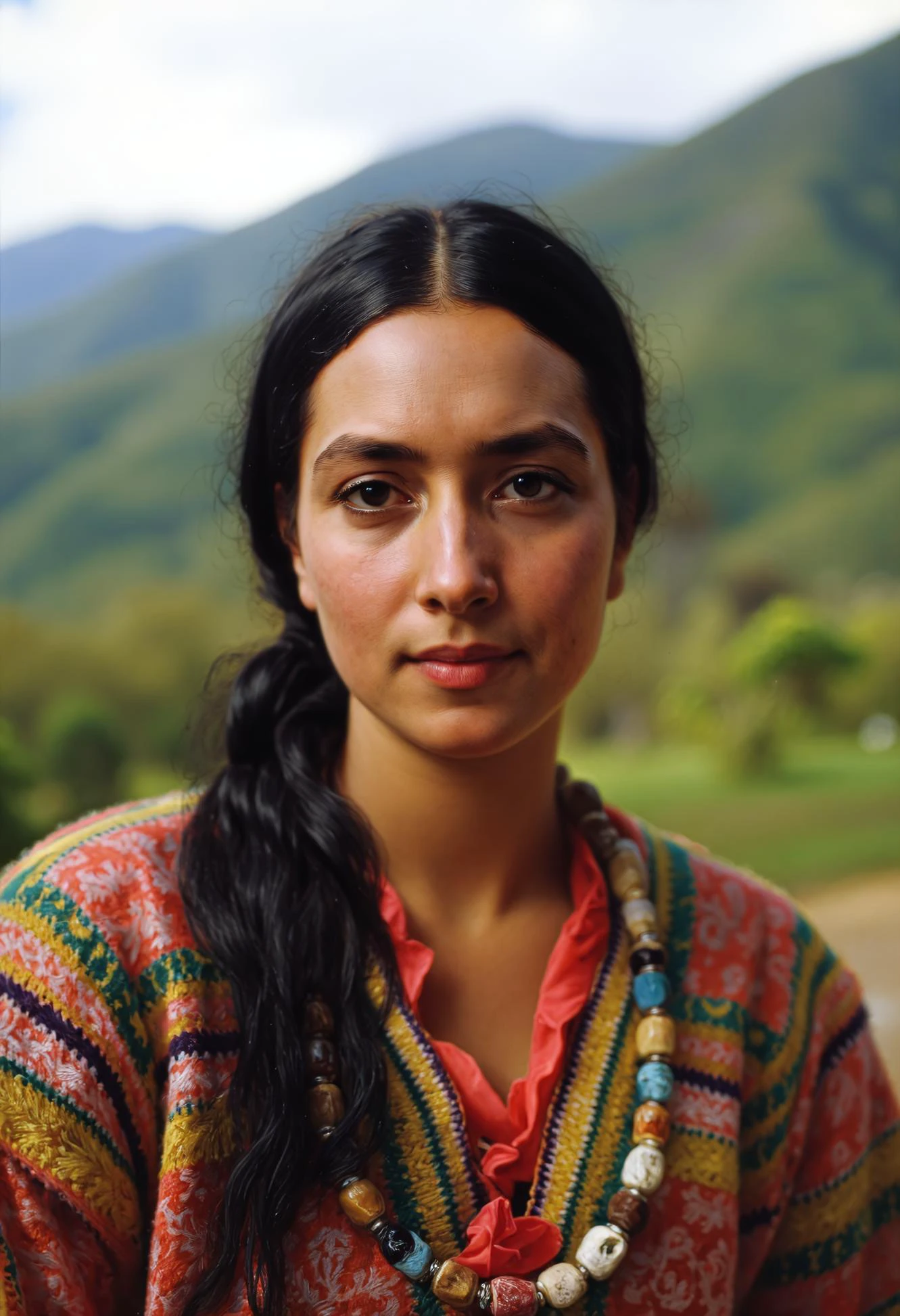 FS. A native South American woman with long, dark hair tied in a traditional braid. She has deep, warm brown skin, and striking facial features with high cheekbones and almond-shaped eyes. Her expression is calm and serene, with a slight smile. She wears a colorful woven poncho with intricate patterns, symbolizing her heritage. Around her neck, she has a necklace made of natural materials like seeds and small stones, representing the connection to the earth. In the background, the lush green landscape of the Andes mountains can be seen, highlighting her cultural roots. The light reflects softly off her face, adding a natural glow to her skin.