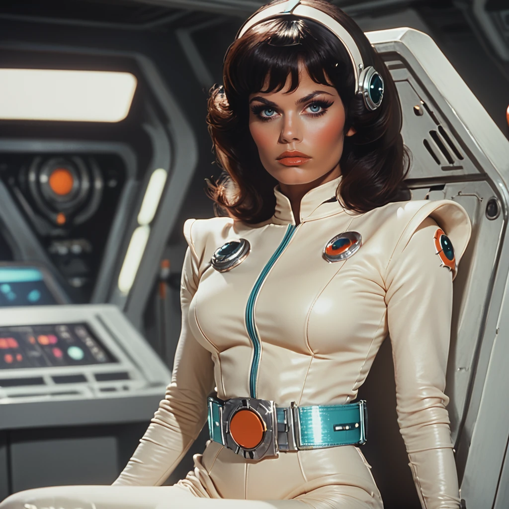 Score_9, score_8_up, score_7_up, score_6_up, BREAK  <lora:70sSci-FiMoviePony:1>  ArsMovieStill, movie still from a 1970s technicolor Sci-Fi movie, The image is a portrait of a woman sitting on a chair in a futuristic space station. She is wearing a white and turquoise outfit with a high neckline and long sleeves. The outfit has a silver belt with a red and orange logo on it. The woman has shoulder-length dark hair styled in a bob with bangs and is looking directly at the camera with a serious expression. The background is blurred but it appears to be a control room with various electronic devices and equipment. The overall mood of the image is futuristic and futuristic., 1girl, solo, gloves, brown hair, sitting, elbow gloves, breasts, dark skin, belt, looking at viewer