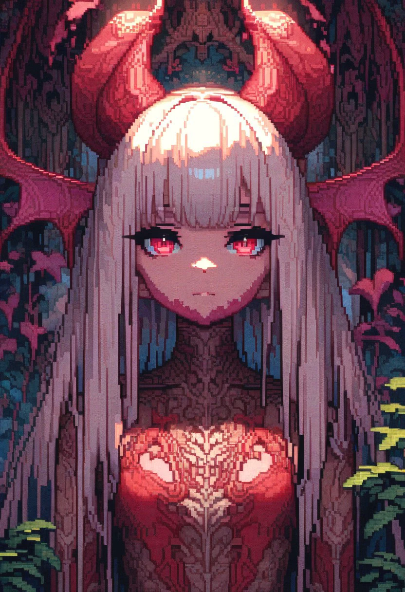 wallpaper, Clear lines, Volumetric light, 4K, 8K, 16K, (masterpiece: 1.4), ( best quality: 1.1), excellent work, 4k, 8k, (ultra detail: 1.25), ((pixelart)), close up of a demon girl, succubus, demon horns, white ginger hair, winter forest, insane details, intricate details, hyperdetailed, hdr, faded, pixel art