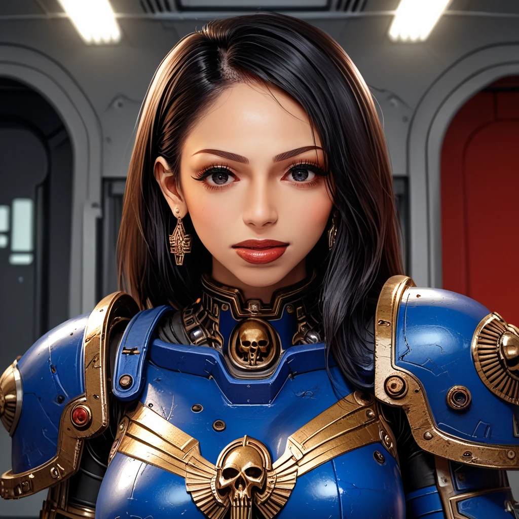 score_9, score_8_up, score_7_up, source_anime, professional photograph of Saleka woman, she's wearing a power armor, she's an ultramarine, shoulder armor , blue armor with golden ornamentation, long hair, dark skin, looking at the viewer, she's in a dark metallic space ship, sci-fi genre, futuristic, in a high-tech 40k space ship <lora:Saleka Pony:1>  <lora:xl_more_art-full_v1add-detail:0.15> <lora:RMSDXL_EnhanceDetails:0.15> <lora:zy_Detailed_Backgrounds_v1:0.15>  <lora:UltraM40k:0.7> ultram40k,