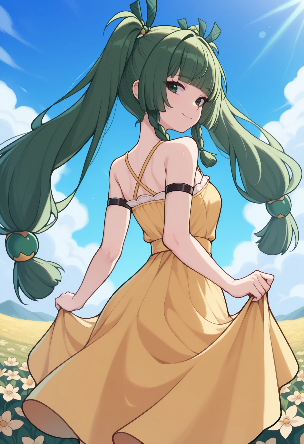 masterpiece, best quality, <break> from behind, solo, 1girl, q1ngyi, slight smile, looking back, skirt hold, long hair, green hair, blunt bangs, twintails, twin braids, hair ornament, green eyes, yellow sundress, arm strap, bare shoulders, outdoors, blue sky, cloud, flower field, sunlight
<segment:yolo-Anzhc Face seg 640 v2 y8n.pt,0.4,0.5//cid=1>