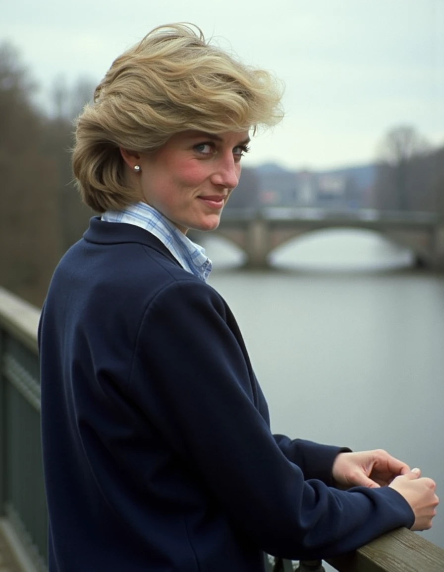 woman, ladydiana, Standing on a bridge overlooking a river wearing a navy blue sweater, <lora:ladydiana:1>