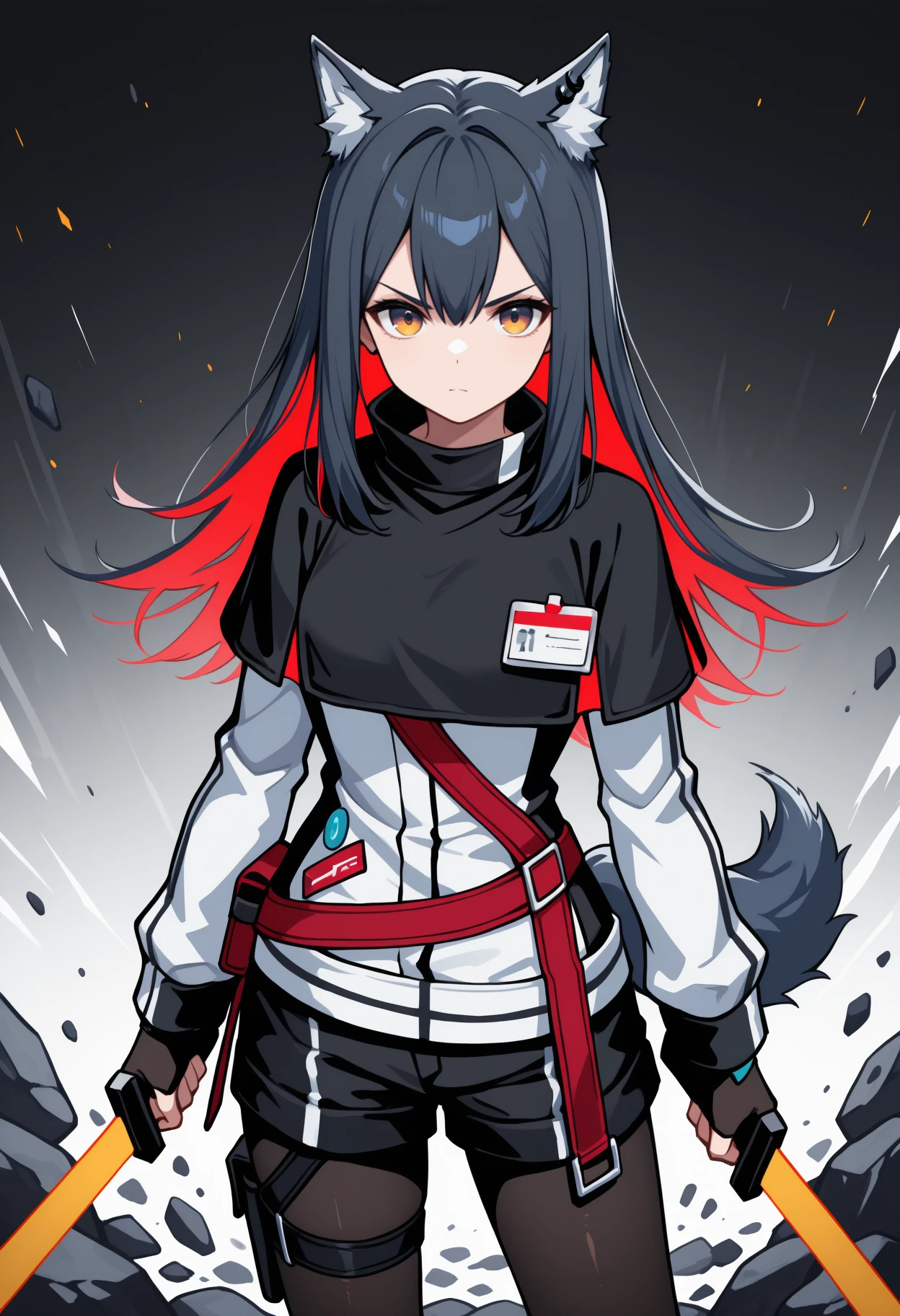 masterpiece, best quality, <break> solo, 1girl, tex4s, ear piercing, wolf tail, closed mouth, looking at viewer, standing, holding sword, dual wielding, long hair, colored inner hair, black hair, red hair, hair between eyes, animal ears, animal ear fluff, gradient eyes, yellow eyes, v-shaped eyebrows, black capelet, id card, white jacket, open jacket, long sleeves, black shirt, black gloves, fingerless gloves, black shorts, short shorts, black pantyhose, thigh strap, abstract background, rock, debris, colorful
<segment:yolo-Anzhc Face seg 640 v2 y8n.pt,0.4,0.5//cid=1>