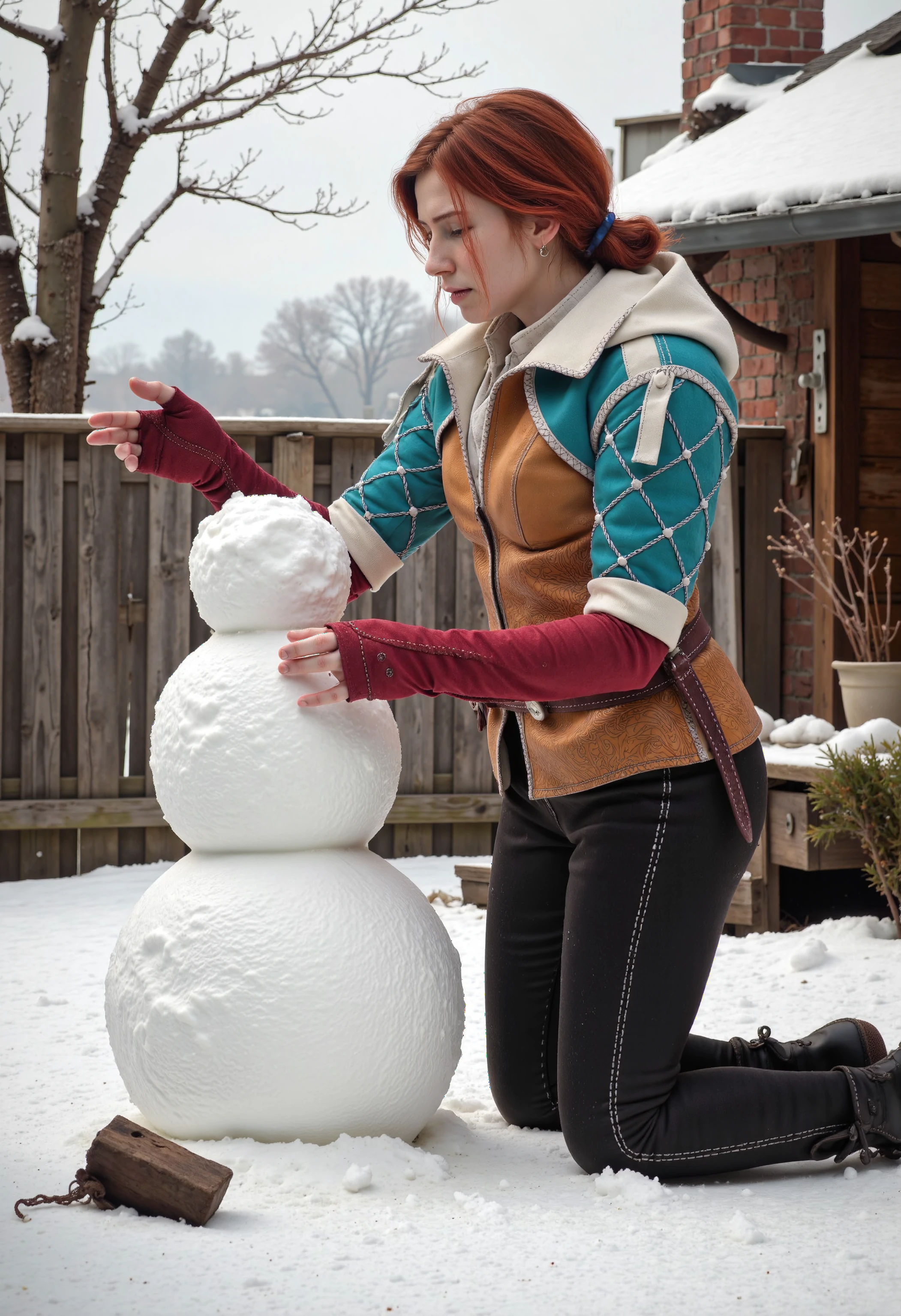 Triss Merigold building a snowman in the yard.