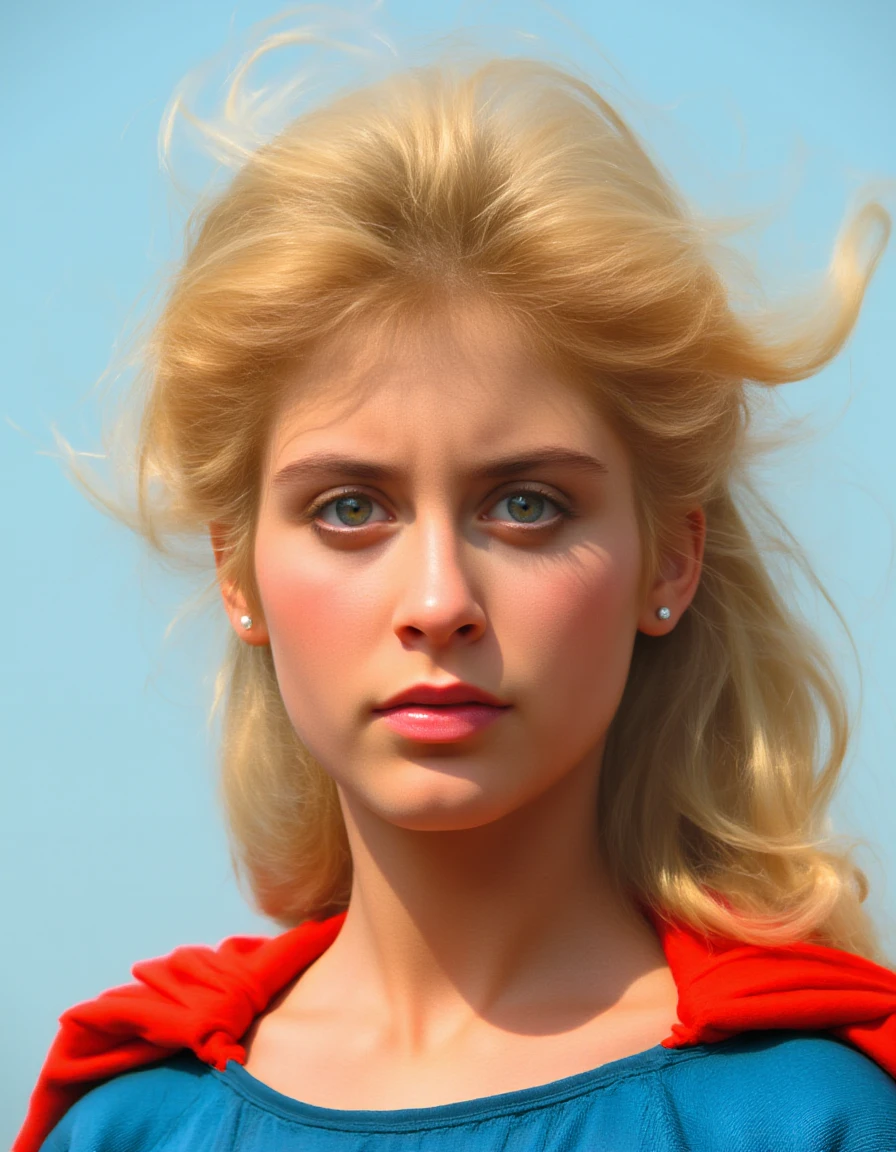 <lora:h3lenslat3rv-1:1.4>,The image is a close-up portrait of a young woman with blonde hair that is blowing in the wind. She is wearing a blue and red superhero costume with a red cape. The woman is looking directly at the camera with a serious expression on her face. The background is a clear blue sky. The image appears to be a 3D rendering, giving it a realistic and dynamic feel.