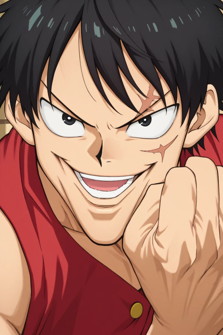 masterpiece, best quality, amazing quality, very aesthetic, absurdres, newest,Anime screencap
Joey_Chin_A, Hand up, LOOKING AT VIEWER, CLENCHED HAND, PORTRAIT, male focus, luffy, black hair, black eyes, scar on face, smile, open mouth