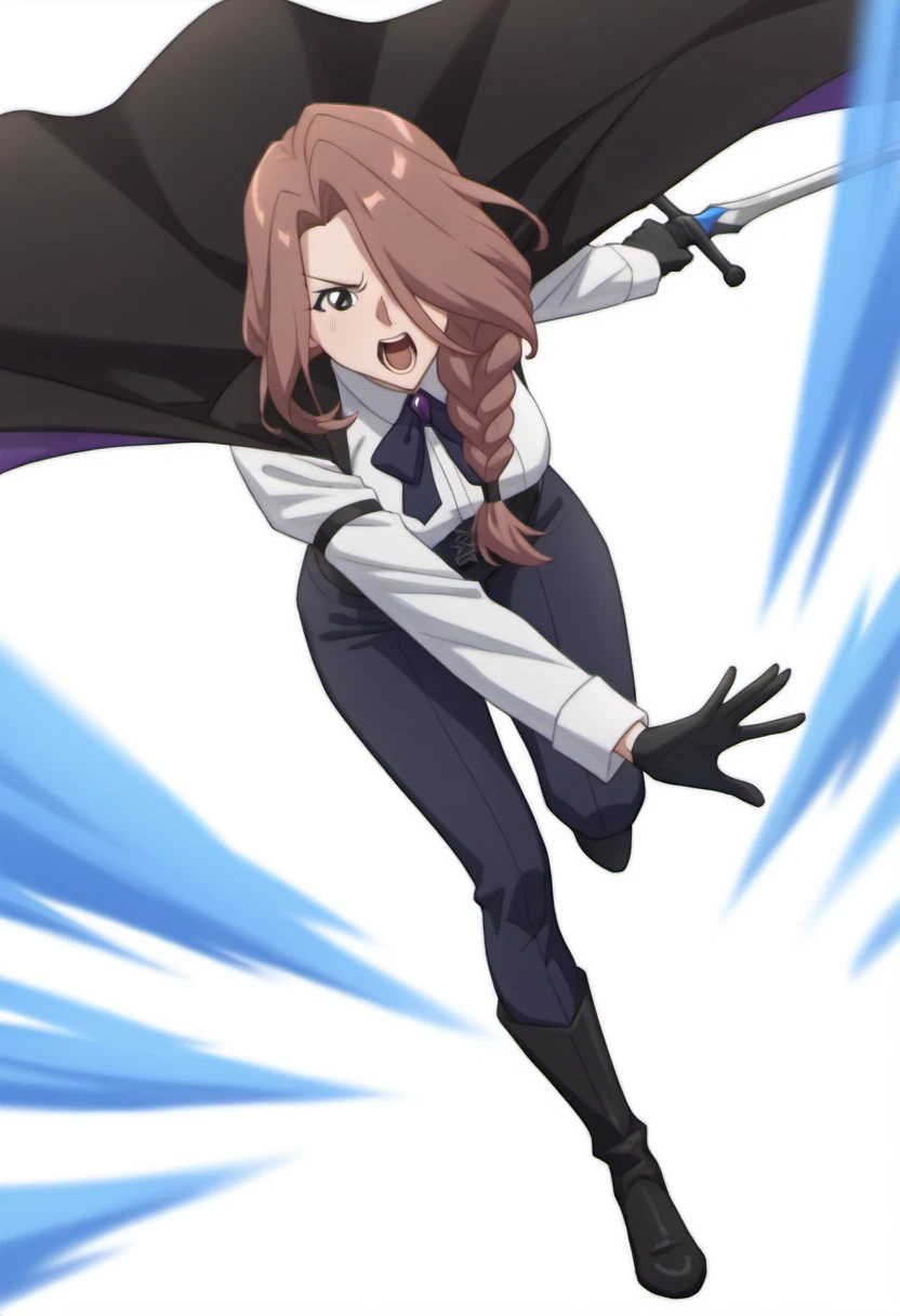 1girl, solo, crucabena, gentle, long hair, brown hair, hair over one eye, braid, single braid, hair over shoulder, white shirt, long sleeves, black cape, bow, gem, black gloves, low_angle, weapon_in_hand, dynamic_pose, looking_at_viewer, open_mouth, wind_in_hair, motion_blur, tattered_clothes, attack_pose, foreground_object, <lora:Character_Crucabena - Gentle:0.8>