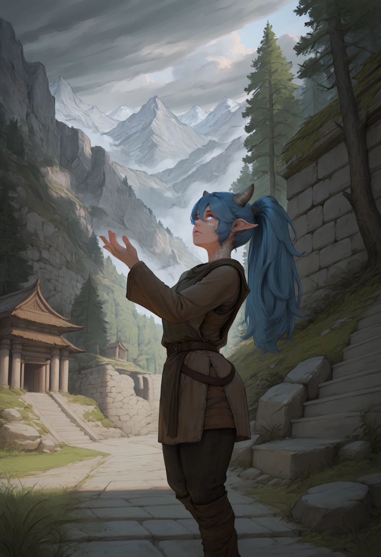 masterpiece, best quality, toned
nvdpwt, outdoors, 1girl, mountain, pointy ears, scenery, tree, blue hair, stairs, looking up, temple, cloudy sky, standing, cloud, day, building, nature, grass, ruins, tunic, long hair, architecture, blue eyes, rock, closed mouth, realistic, hand up, forest, moss, long sleeves, fantasy, fog, stone wall, plant, dragon girl, dragon horns, glowing eyes, hair between eyes, scales, ponytail, slit pupils, belt
<lora:nvdpwt_idxl_EliPot:1>