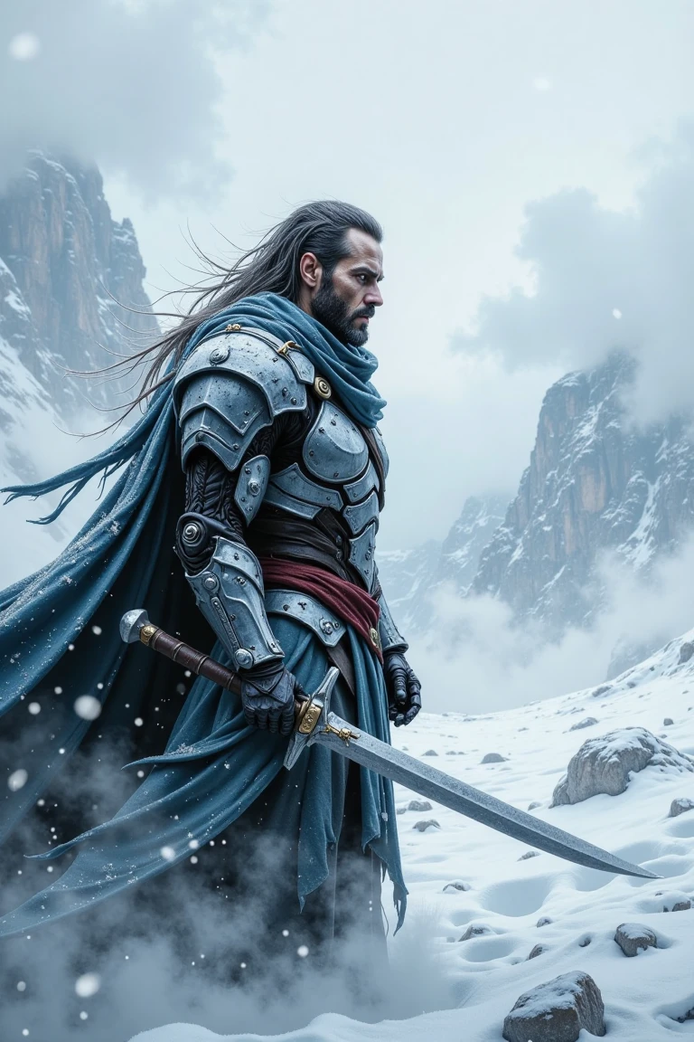 A frozen sentinel stands at the edge of a desolate winter landscape, 'Assassin's Creed' inspired. The warrior's rugged visage, weathered by biting cold, seems to defy the icy tempest raging behind them. Frost-encrusted armor glimmers like delicate crystal, as misty breath escapes their lips, veiling the frozen terrain. Soft, swirling blues and whites envelop the scene, while dark shadows hint at a mysterious world beyond.,north_rest