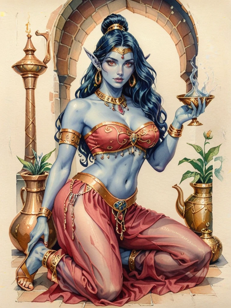 score_9, score_8_up, score_7_up, oblivionarts, solo, genie, djinn, 1girl, kneeling, ((cobalt blue skin)), colored skin, female focus, ((female genie)), red eyes, sheer shirt, sheer panties, harem outfit, belly dancer, bandeau top, sheer pants, genie pants, exposed midriff, massive tits, ((bottomless)), cleavage, bejeweled diadem, elf ears, scimitar in hand, simple background, traditional art, medieval aesthetic, <lora:Oblivion:1>