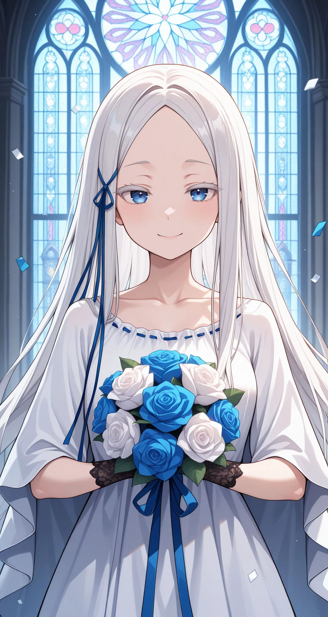 (masterpiece, best quality), amazing quality, very aesthetic, absurdres,
<lora:Pandora:1> 1girl, white hair, forehead, long hair, collarbone, parted bangs, hair ribbon, blue eyes, blue ribbon, indoors, church, stained glass, laced gloves, upper body, close portrait church, holding bouquet, (confetti:1.1), smile, white dress, wedding dress, church, holding bouquet, (confetti:1.1)