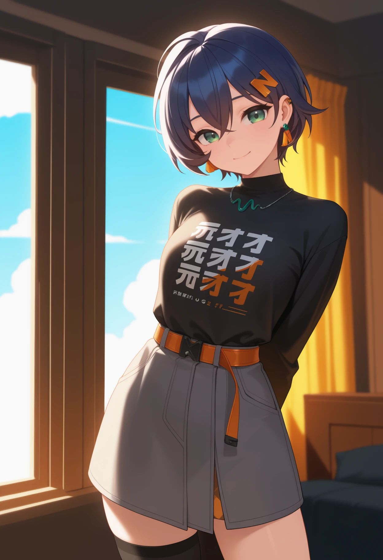 masterpiece, best quality, <break> solo, 1girl, zzzb3lle, smile, closed mouth, looking at viewer, standing, arms behind back, short hair, blue hair, crossed bangs, hair ornament, hairclip, green eyes, black shirt, clothes writing, long sleeves, grey skirt, orange belt, black thighhighs, single thighhigh, earrings, necklace, indoors, living room, window, curtains, blue sky, cloud, sunlight
<segment:yolo-Anzhc Face seg 640 v2 y8n.pt,0.4,0.5//cid=1>