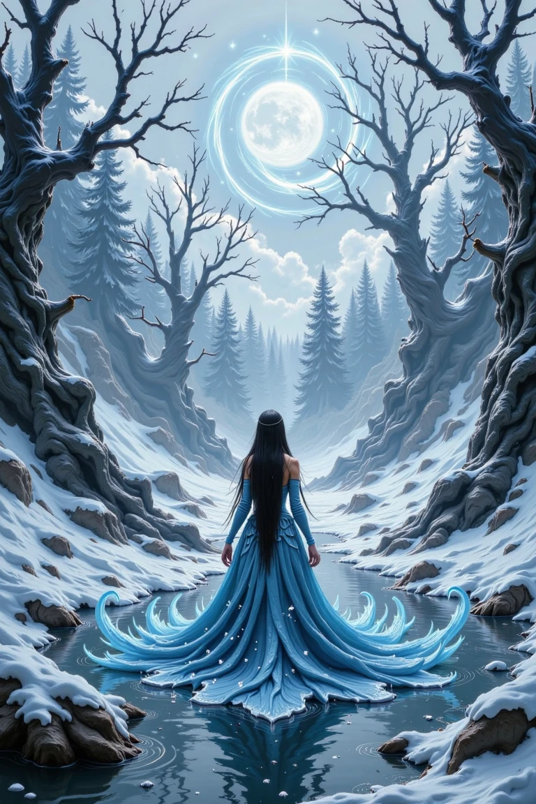 In 'Frozen Enchantress,' a mystical anime princess stands serene on a crystal lake, her icy blue gown flowing like liquid frost. Snowflakes dance in her long hair as she gazes into the ethereal winter forest's frozen veil, where trees glimmer with thick frost. Softly rendered brushstrokes capture the shimmering light of a frozen sunset, blending blues and whites with hints of silver, as the princess's mystical aura radiates across the icy landscape.,gome style,blue light,north_rest, warrior