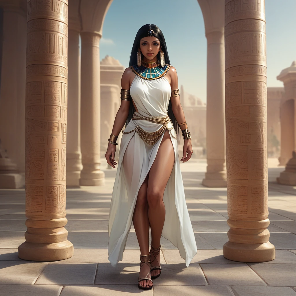 score_9, score_8_up, score_7_up, source_anime, professional photograph of Saleka woman, she's an egyptian pharaoh, Cleopatra style, standing in front of the pyramids, egyptian robe, armlet, bracelet, leg bracelet, sandals, long hair, dark skin, looking at the viewer  <lora:Saleka Pony:1>  <lora:PonyFantasyWarriorsEgypt:0.4> hkwarrior