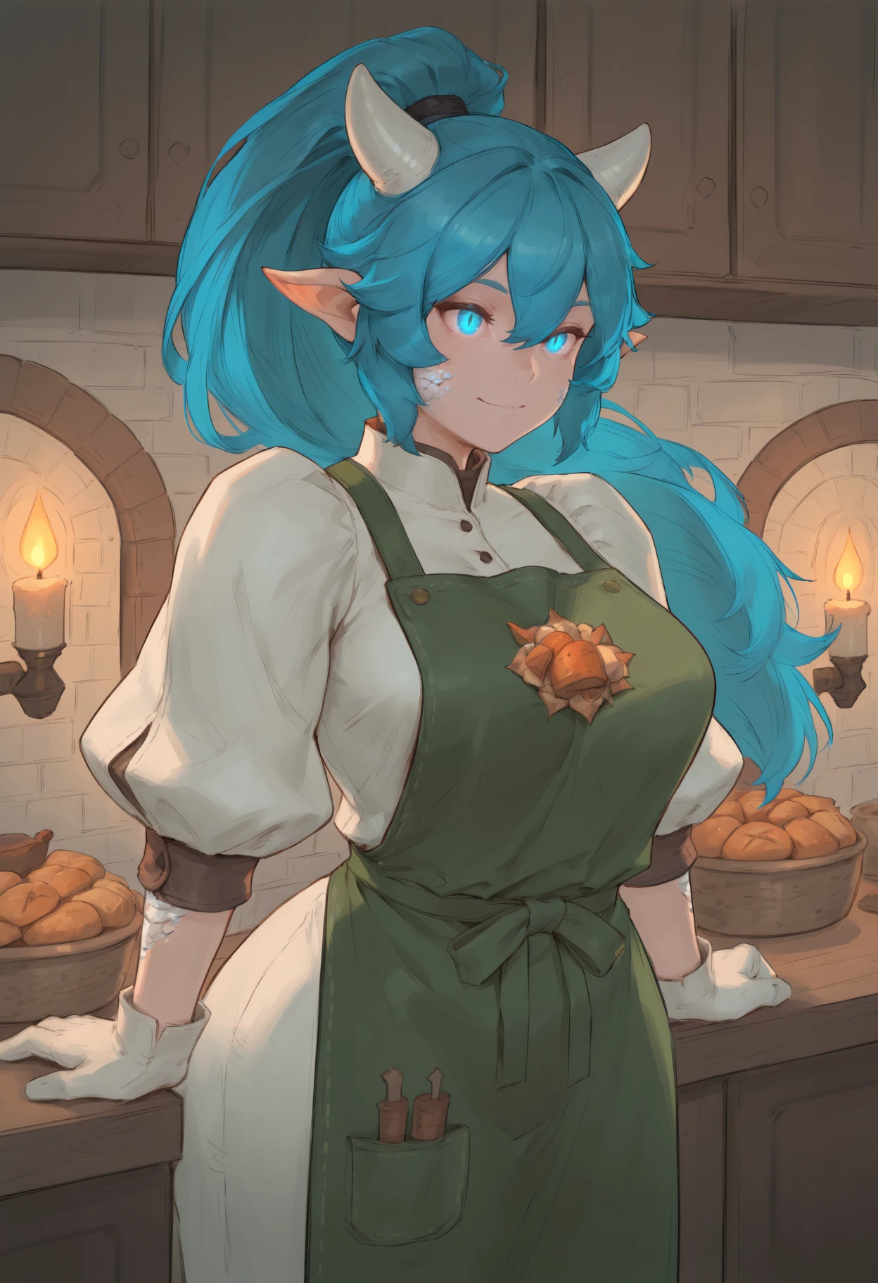 masterpiece, best quality, toned
nvdpwt, 1girl, pointy ears, blue hair, blue eyes, ponytail, long hair, dragon girl, dragon horns, glowing eyes, hair between eyes, scales, slit pupils,
Indoors, warm kitchen, green apron, white gloves, puffy sleeves, festive decorations, holiday food, glowing candles, warm lighting, cheerful atmosphere, intricate details, glowing object, serene surroundings, cozy energy
<lora:nvdpwt_idxl_EliPot:1>