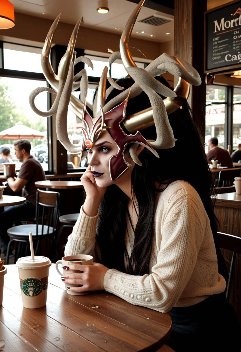 score_9, score_8_up, score_7_up Morathi horned helmet in a cafe