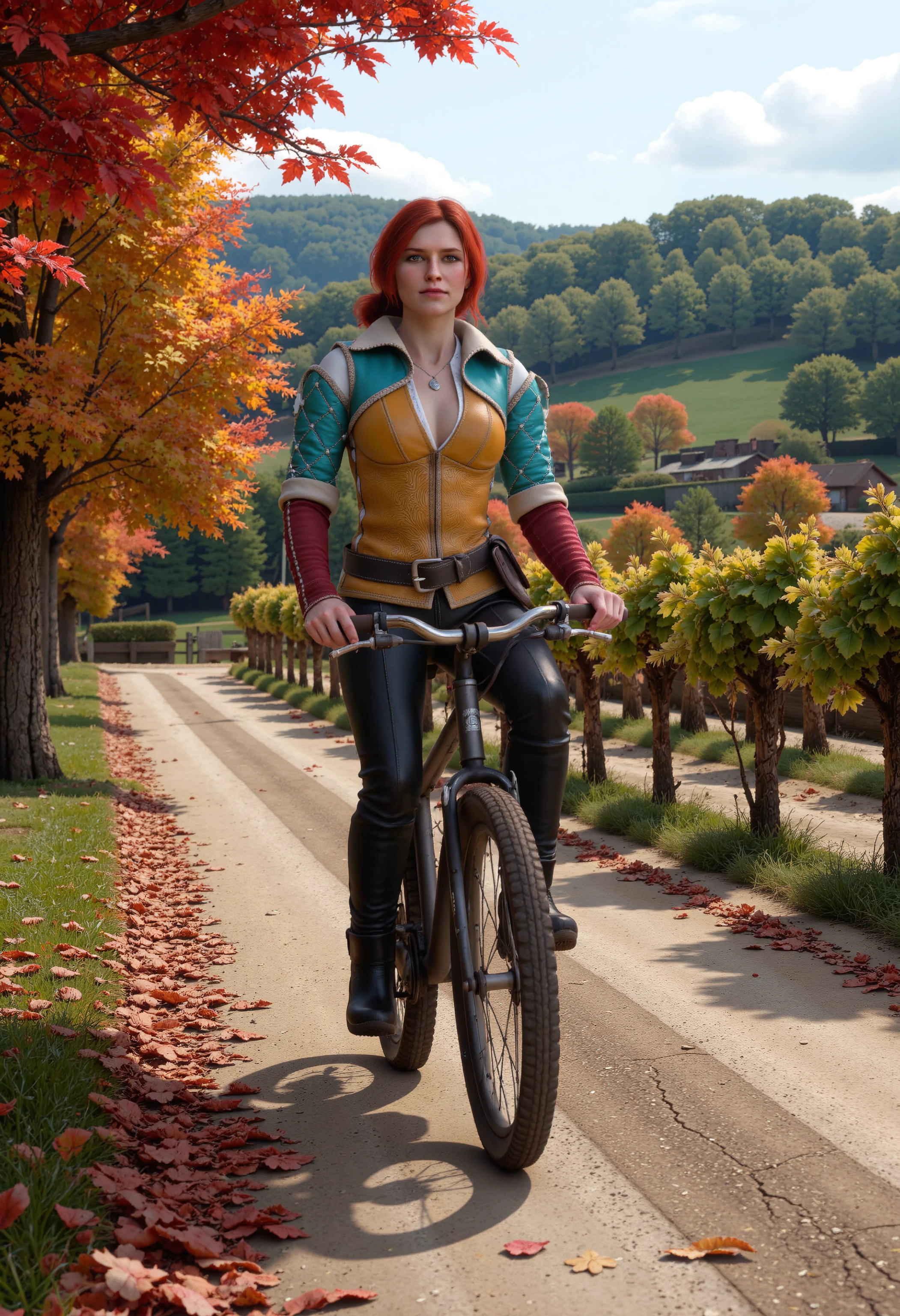 Photorealistic image of Triss Merigold riding a bicycle in the country, among vineyards.
It's fall and the trees are red, falling leaves all-around.