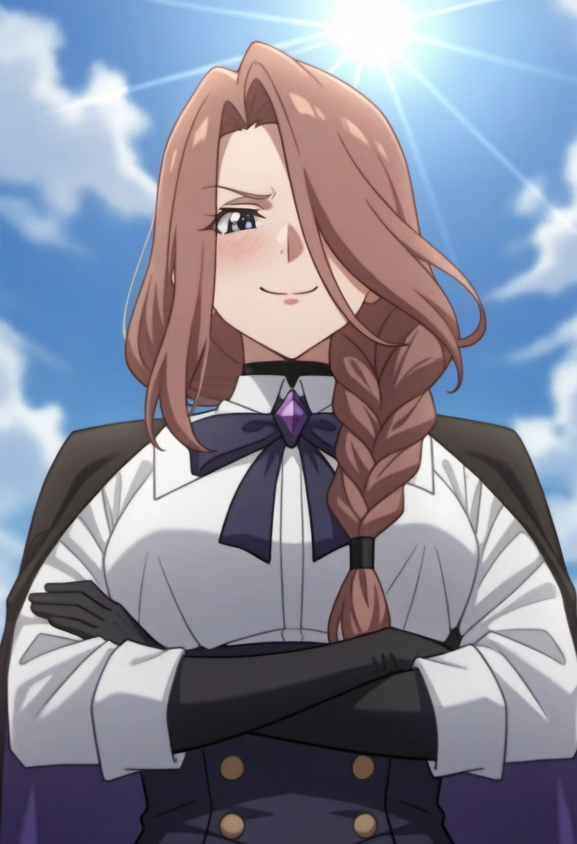 crucabena, gentle, looking behind, long hair, brown hair, hair over one eye, braid, single braid, hair over shoulder, white shirt, long sleeves, black cape, bow, gem, black gloves, low_angle, cape_flapping, arms_crossed, cloudy_sky, sunlight, rock, proud_expression, battle_damage, gloves, wind_effect, <lora:Character_Crucabena - Gentle:0.8>