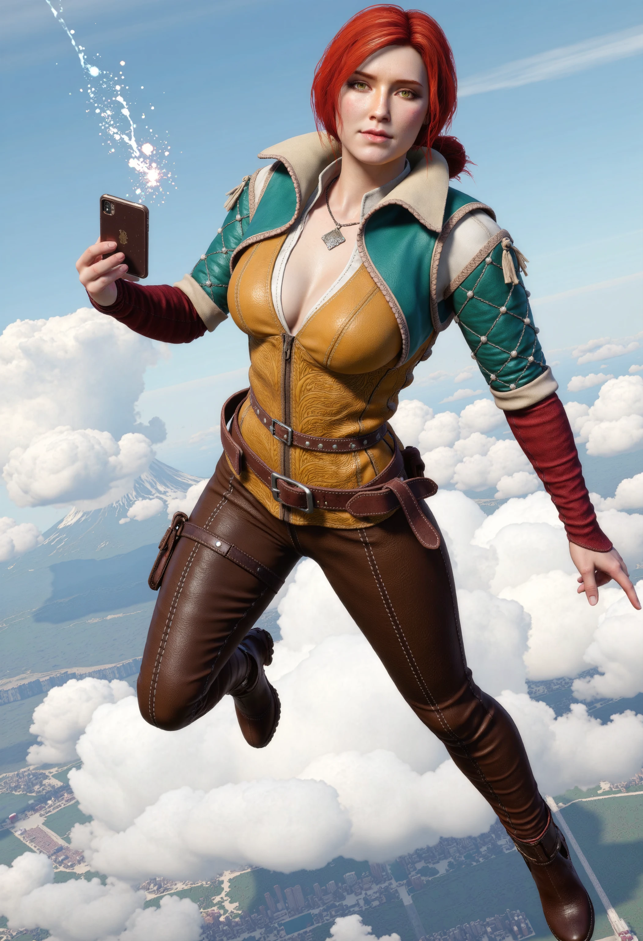 Photorealistic image of Triss Merigold skydiving.