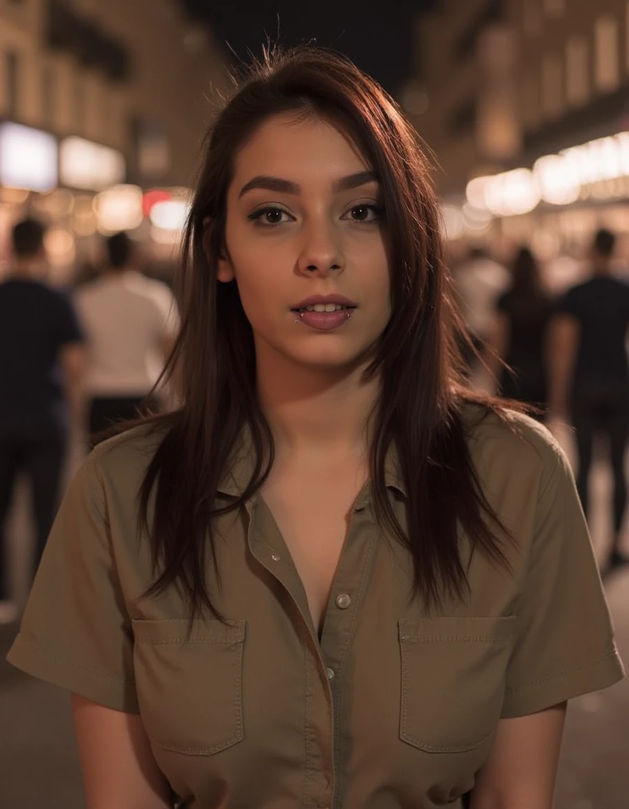 35mm portrait of a young woman, wearing a shirt dress, in a crowded street at night, professional, atmospheric haze, excellent dynamic range, masterpiece, excellent quality, ultra detailed, subtle lighting, soft focus, detailed shadows