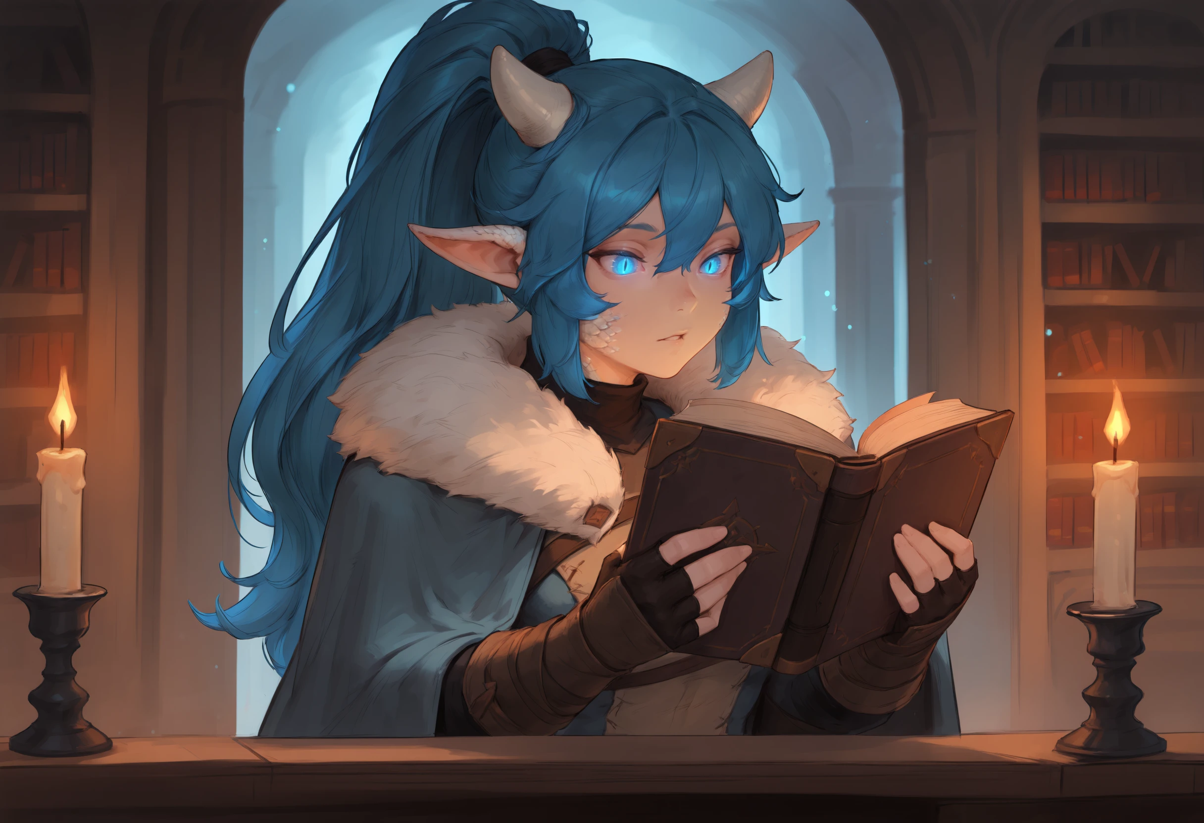 masterpiece, best quality, toned
nvdpwt, 1girl, pointy ears, open book, blurry background, blue hair, library, light particles, candle, candlelight, blue eyes, depth of field, holding book, parted lips, looking at viewer, fingerless gloves, ponytail, long hair, upper body, fur coat, reading, cloak, dragon girl, dragon horns, glowing eyes, hair between eyes, scales, slit pupils
<lora:nvdpwt_idxl_EliPot:1>