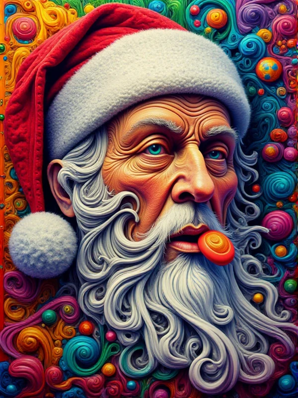 santa claus is showing a round pill on his tongue. closeup Portrait <lora:Psychedelic_style:0.9> psychedelic style, colorful, abstract