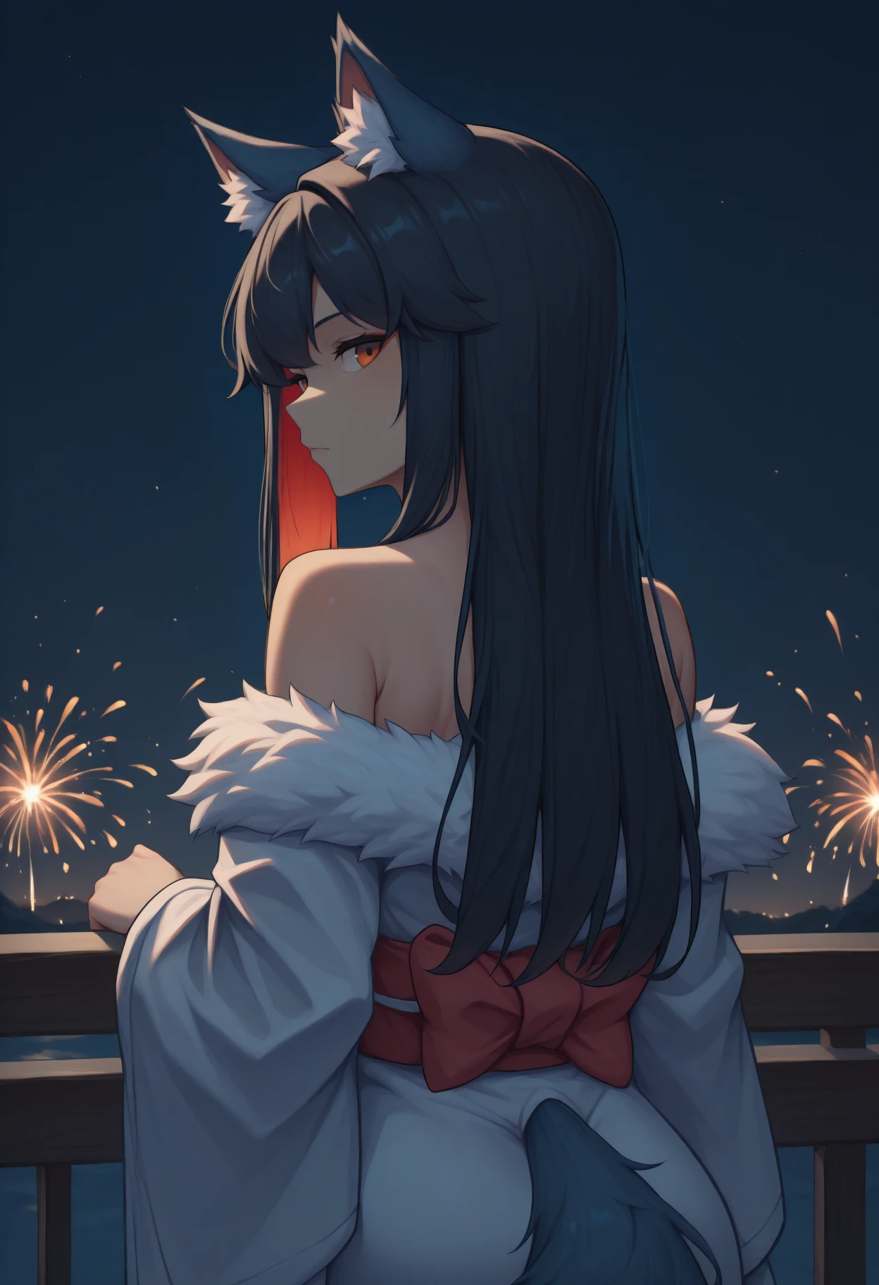 anime, masterpiece, best quality, <break> from behind, solo, 1girl, txswinter, wolf tail, expressionless, looking back, long hair, colored inner hair, black hair, red hair, animal ears, animal ear fluff, orange eyes, japanese clothes, fur trim, white kimono, fur-trimmed kimono, red sash, bare shoulders, outdoors, night, fireworks
<segment:yolo-Anzhc Face seg 640 v2 y8n.pt,0.4,0.5//cid=1>