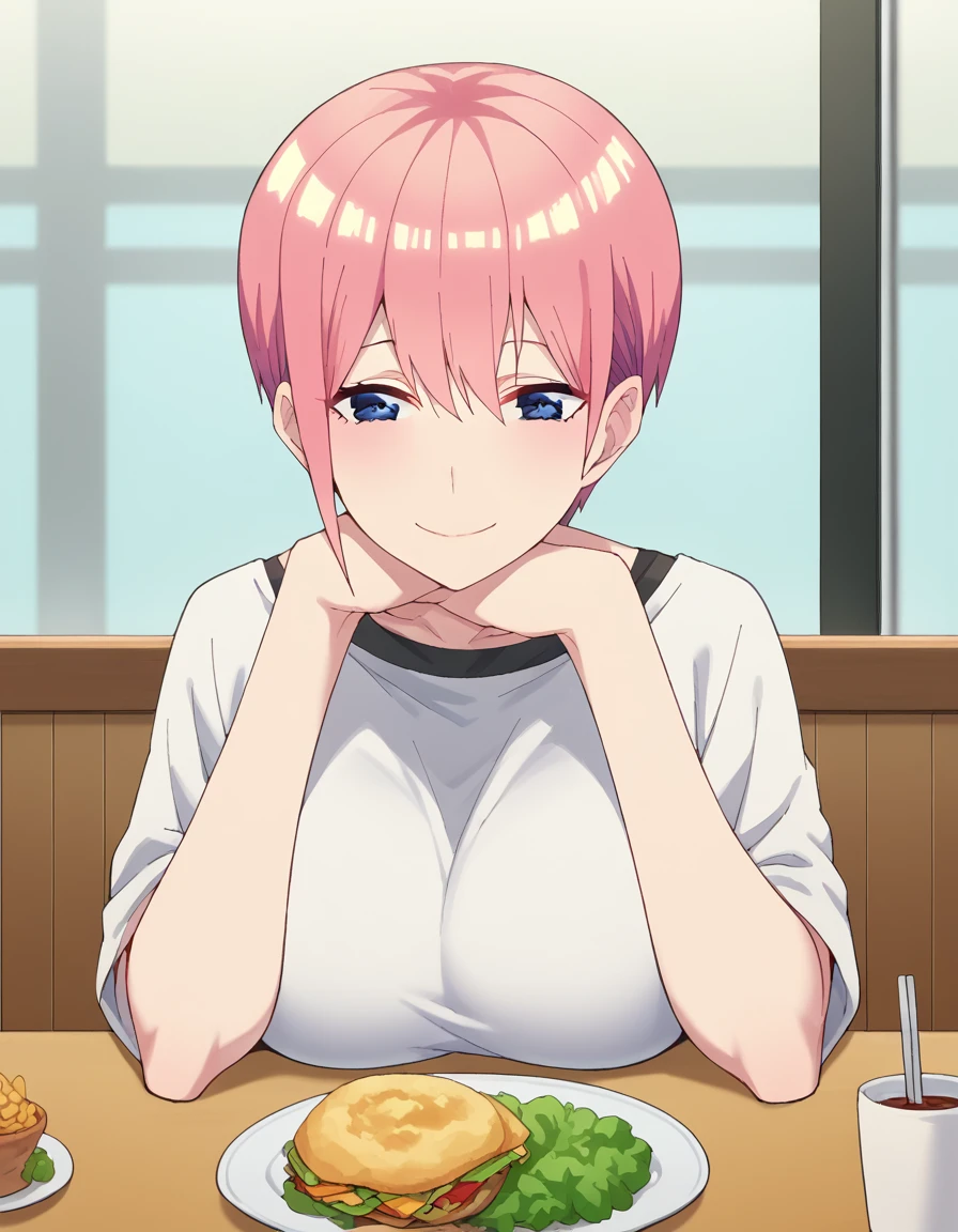 score_9, score_8_up, score_7_up, source_anime, <lora:ichika-nakano-s2-ponyxl-lora-nochekaiser:1>, ichika nakano, short hair, bangs, blue eyes, hair between eyes, pink hair, pixie cut, mature female, large breasts, <lora:pov-across-table-ponyxl-lora-nocheka...