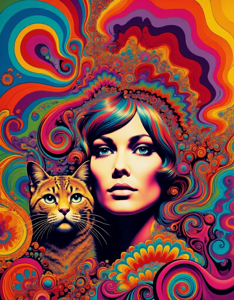 <lora:Psychedelic_style:0.9> psychedelic style, a woman and a cat