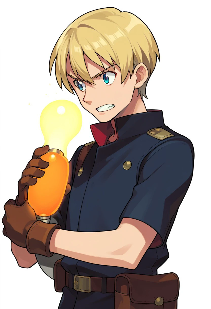 score_9, score_8, score_7, source_anime, short hair, standing, simple background, teeth, gloves, holding, no humans, white background, blonde hair, glowing