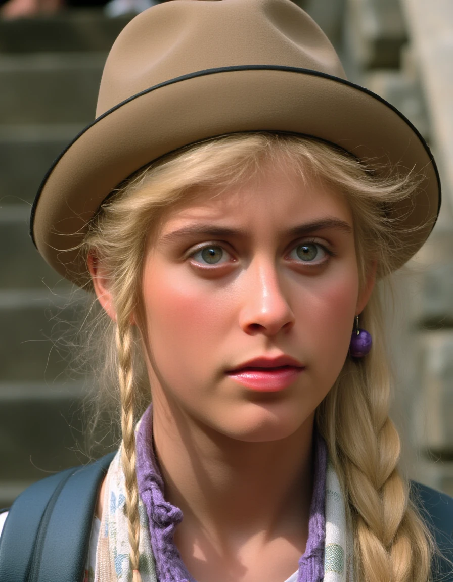 <lora:h3lenslat3rv-1:1.4>,The image is a close-up portrait of a young woman with blonde hair. She is wearing a beige hat with a wide brim and a purple scarf around her neck. Her hair is styled in two braids that are pulled back in a braid-like manner. She has a serious expression on her face and is looking directly at the camera. The background is blurred, but it appears to be an outdoor setting with a stone wall and stairs.