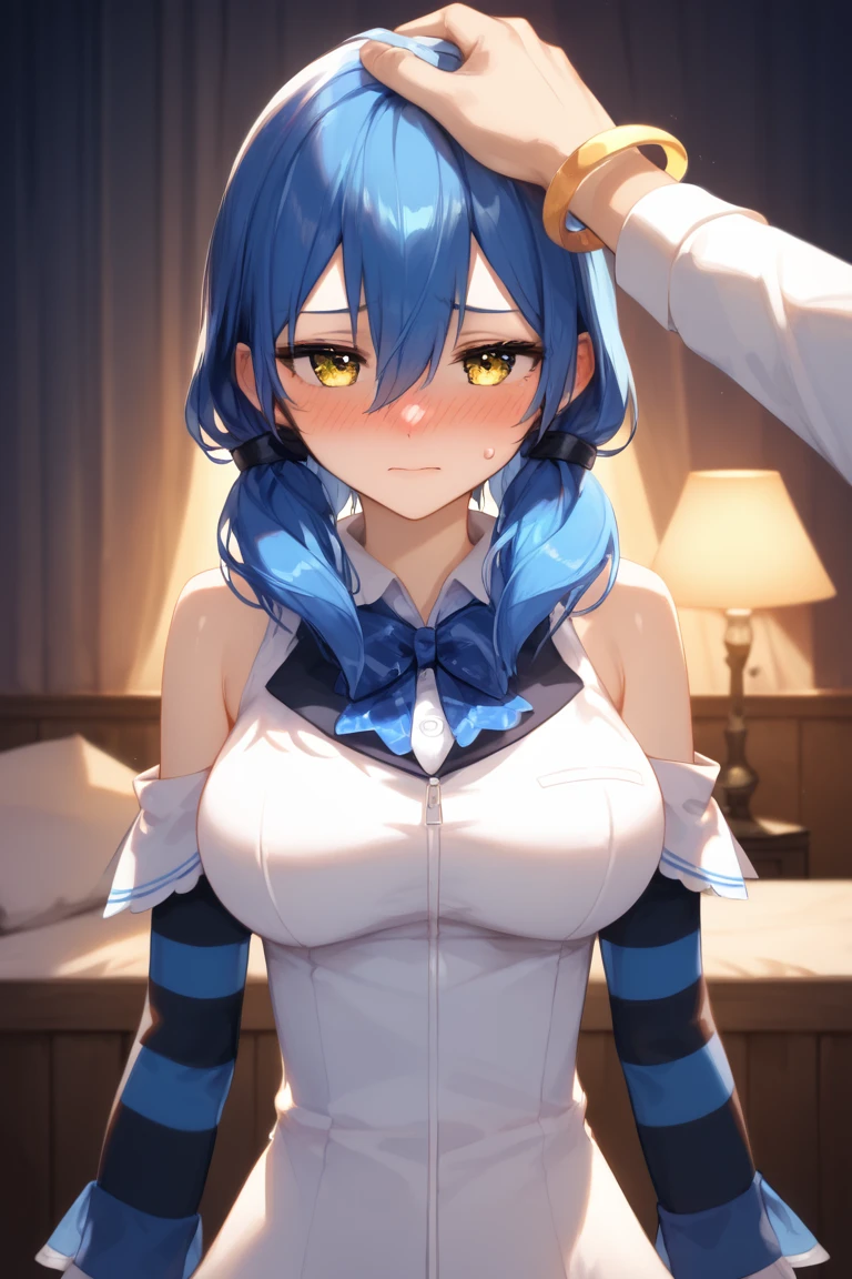 score_9_up,score_8_up,score_7_up,masterpiece,best quality,highres,incredibly absurdres,ultra-detailed,illustration,soft lighting,detailed symmetric eyes,perfect eyes,smooth skin,shiny skin,glossy skin,highres,incredibly absurdres,1girl,headpat,pov hands,large breasts,upper body,looking at viewer,facing viewer,<lora:Headpat_XLPD:0.8>,bedroom,curtains,lamp,blush,(^^^),half-closed eyes,nose blush,embarrassed,flying sweatdrops,blue hair,low twintails,hair between eyes,hair ornamet,yellow eyes,blue bow,white shirt,bare shoulders,detached sleeves,striped sleeves,bracelet,<lora:!Vtuber å¶ä» Natsumi moe3 èªè£½:0.8>