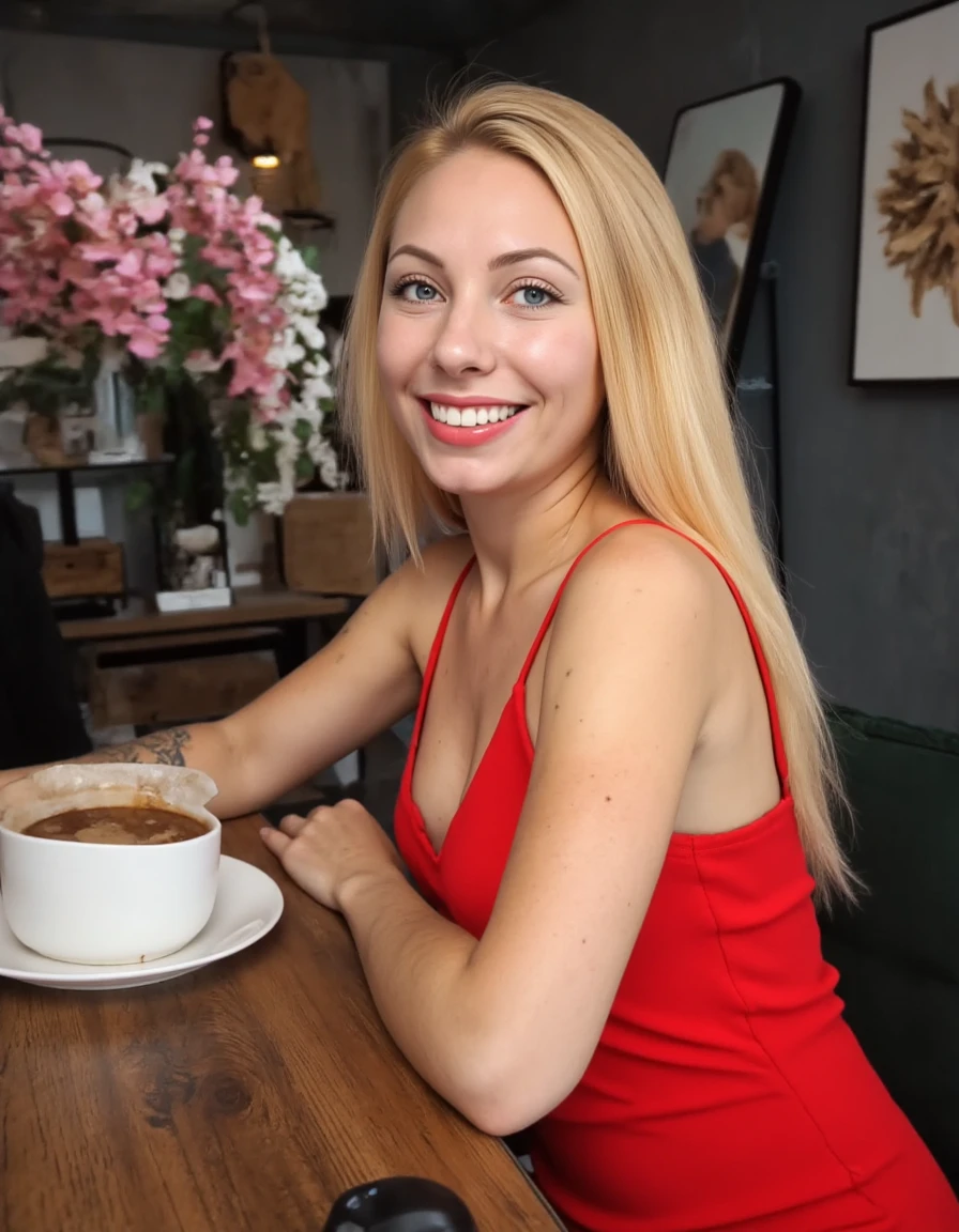 photo realistic, 30mm amateur photo, natural detailed skin, blonde SCLaraPunkt woman wearing a red dress sitting in a cafe having a coffee, looking at viewer, smiling <lora:SCLaraPunkt_flux_v1:1.5>