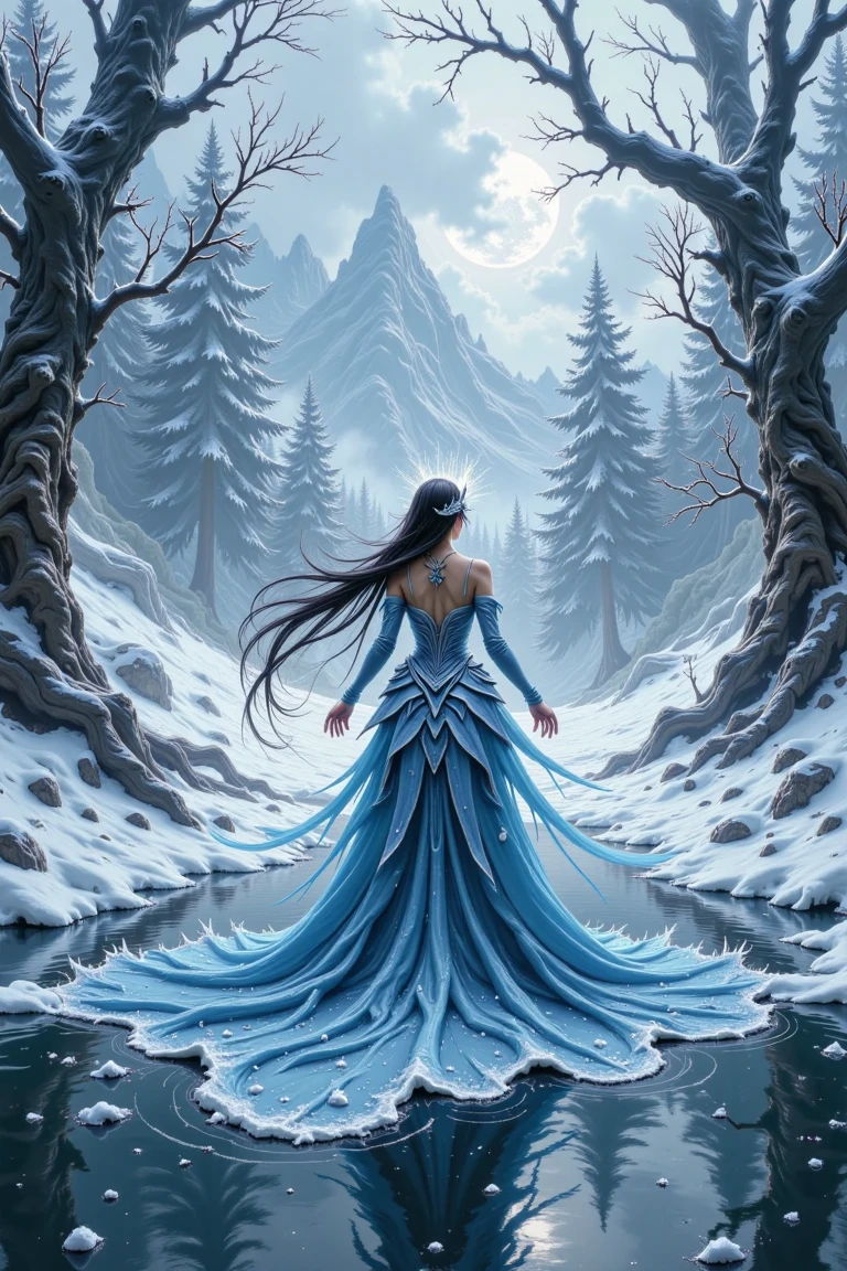 In 'Frozen Enchantress,' a mystical anime princess stands serene on a crystal lake, her icy blue gown flowing like liquid frost. Snowflakes dance in her long hair as she gazes into the ethereal winter forest's frozen veil, where trees glimmer with thick frost. Softly rendered brushstrokes capture the shimmering light of a frozen sunset, blending blues and whites with hints of silver, as the princess's mystical aura radiates across the icy landscape.,gome style,blue light,north_rest, warrior