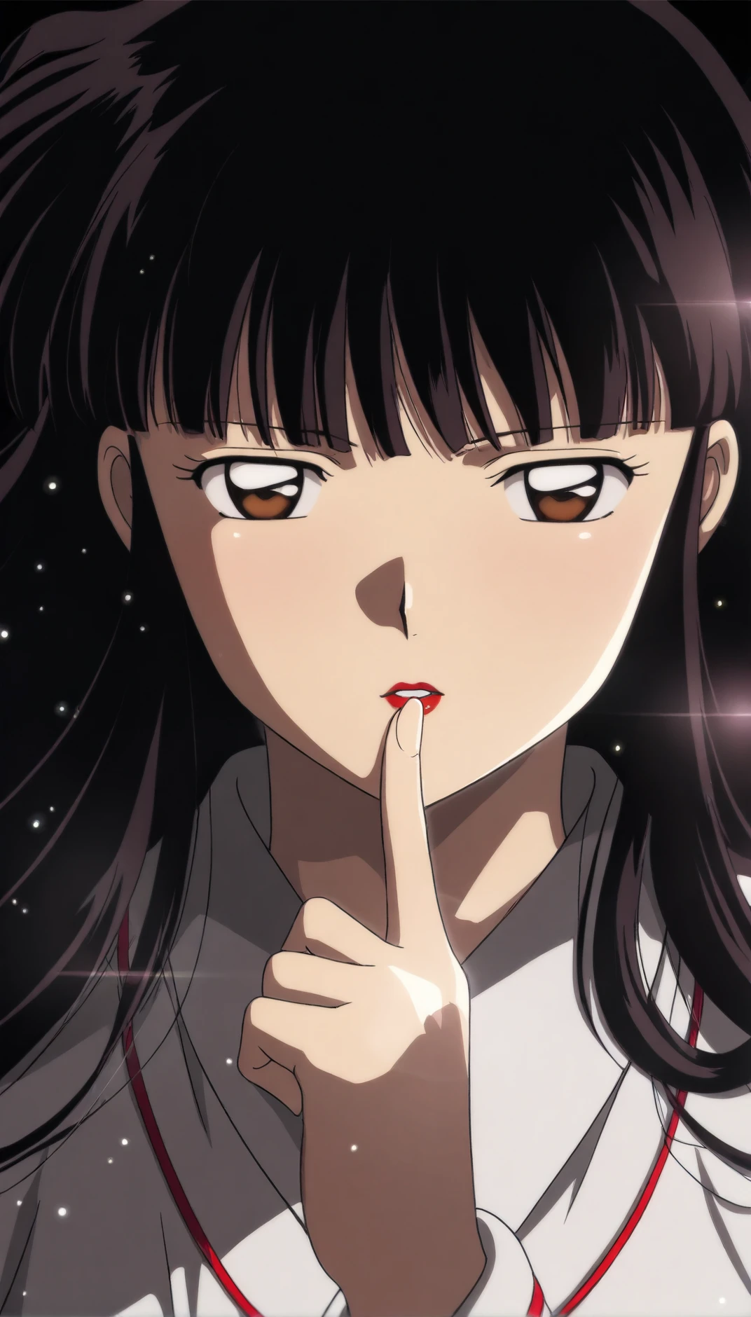 masterpiece,best quality,amazing quality,<lora:kikyoIL:1>,
oykik,
1girl,solo,black hair,bangs,long hair,brown eyes,looking at viewer,
parted lips,red lips,miko outfit,red ribbon necklace,
portrait,
finger before mouth,
black background,
(soft lighting:1.2),lens flare abuse,light particles,