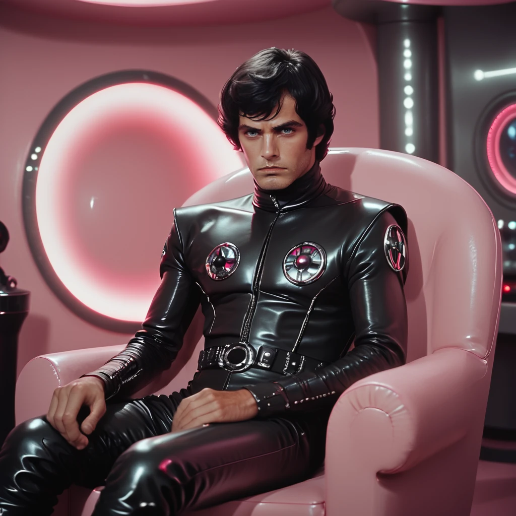 Score_9, score_8_up, score_7_up, score_6_up, BREAK  <lora:70sSci-FiMoviePony:1>  ArsMovieStill, movie still from a 1970s technicolor Sci-Fi movie, The image shows a man sitting on a red armchair in a room with pink walls and circular lights. The man is wearing a black leather outfit with a high collar and long sleeves. He has dark hair and is looking off to the side with a serious expression on his face. The chair has a round base and is placed on a black pedestal. The room appears to be a futuristic or sci-fi setting with a futuristic design., solo, sitting, latex, 1boy, male focus, leather, black bodysuit, chair, bodysuit, realistic