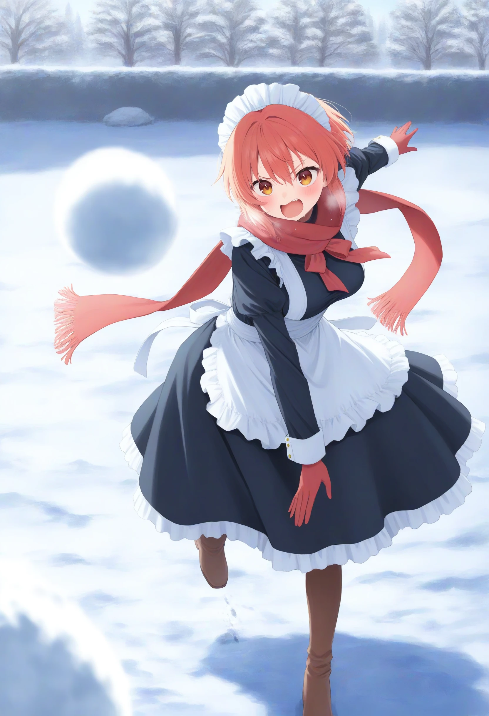 1girl,(sho \(sho lwlw\):0.7),(toosaka asagi:0.5),(sincos:0.3),solo,
masterpiece, best quality, newest, absurdres, CG, anime, source anime, illustration,
maid, maid headdress,medium breasts,
snowball fight, snow, boots, gloves, snowball, looking at viewer, coat, outdoors, scarf, long sleeves, blush, outstretched arms, standing, standing on one leg, full body, leg up, throwing, winter, winter clothes, spread arms, open coat, outstretched arm, blurry foreground, leaning forward, motion blur, breath <lora:snowballfight_Illust_v1:0.8>