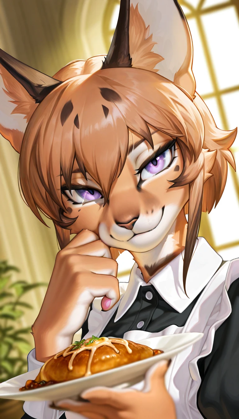 masterpiece, best quality, amazing quality, very aesthetic, high resolution, ultra-detailed, absurdres, newest, scenery, 1girl, furry, anthro, caracal cat girl, solo, maid, brown hair, bob cut, purple eyes, long ears, tsurime, smug, holding plate with food on with one hand, looking at viewer, dutch angle, upper body, face focus, close-up, BREAK, cinematic, eyes, detailed eyes, detailed hair, depth of field, detailed fluffy fur, photorealistic details, masterpiece, best quality, amazing quality, very aesthetic, high resolution, ultra-detailed, absurdres, newest, scenery, volumetric lighting