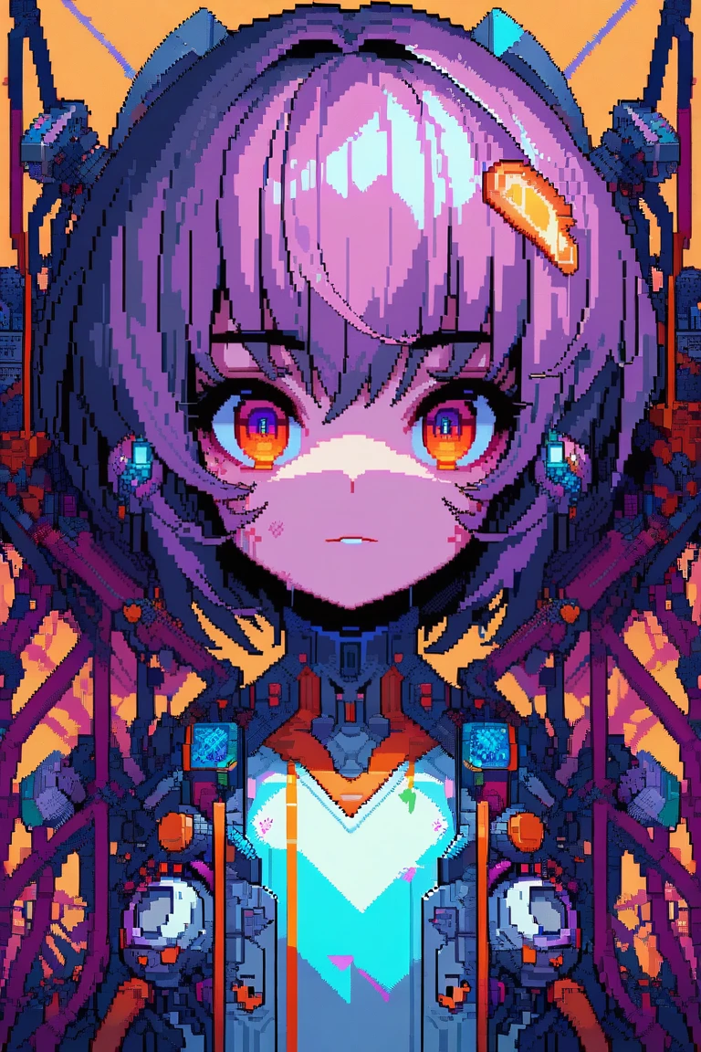 ((pixelart)), beautiful close up portrait of robot girl in the center of a giant cybernetic frame, wires and tubes, detailed, intricate, masterpiece, pixel art