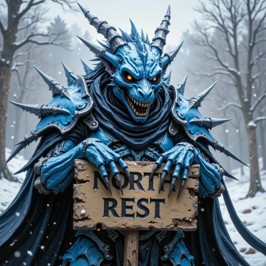 a vibrant blue dragon-like creature, adorned with sharp horns. The creature's face is adorned with bright orange eyes, sharp teeth, and sharp claws. Its mouth is open, revealing sharp teeth. Its arms are wrapped around the sign, adding a touch of warmth to the scene. The background is blurred, creating a stark contrast to the creature.,north_rest, warrior