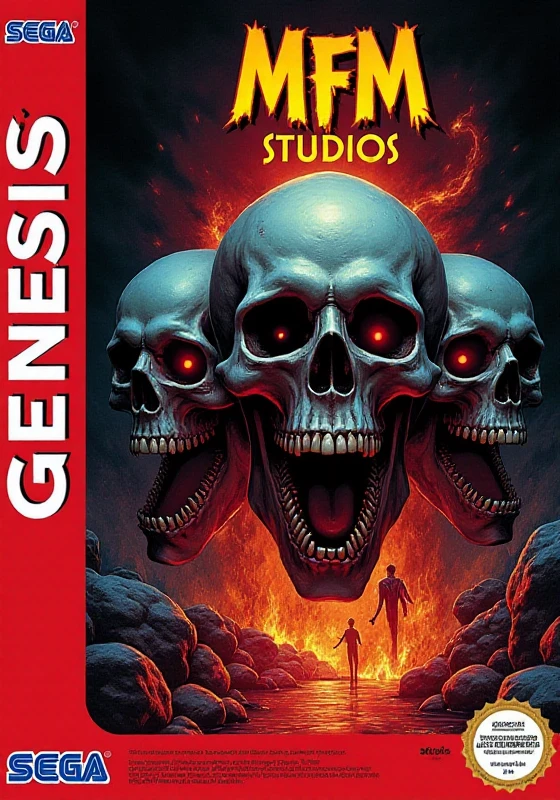 Sega genesis box art with scary skulls , fire and blood, the title of the game text is "MFM STUDIOS"  <lora:SEGA_GENESIS_BOX_ART-000013:0.03> G3NX