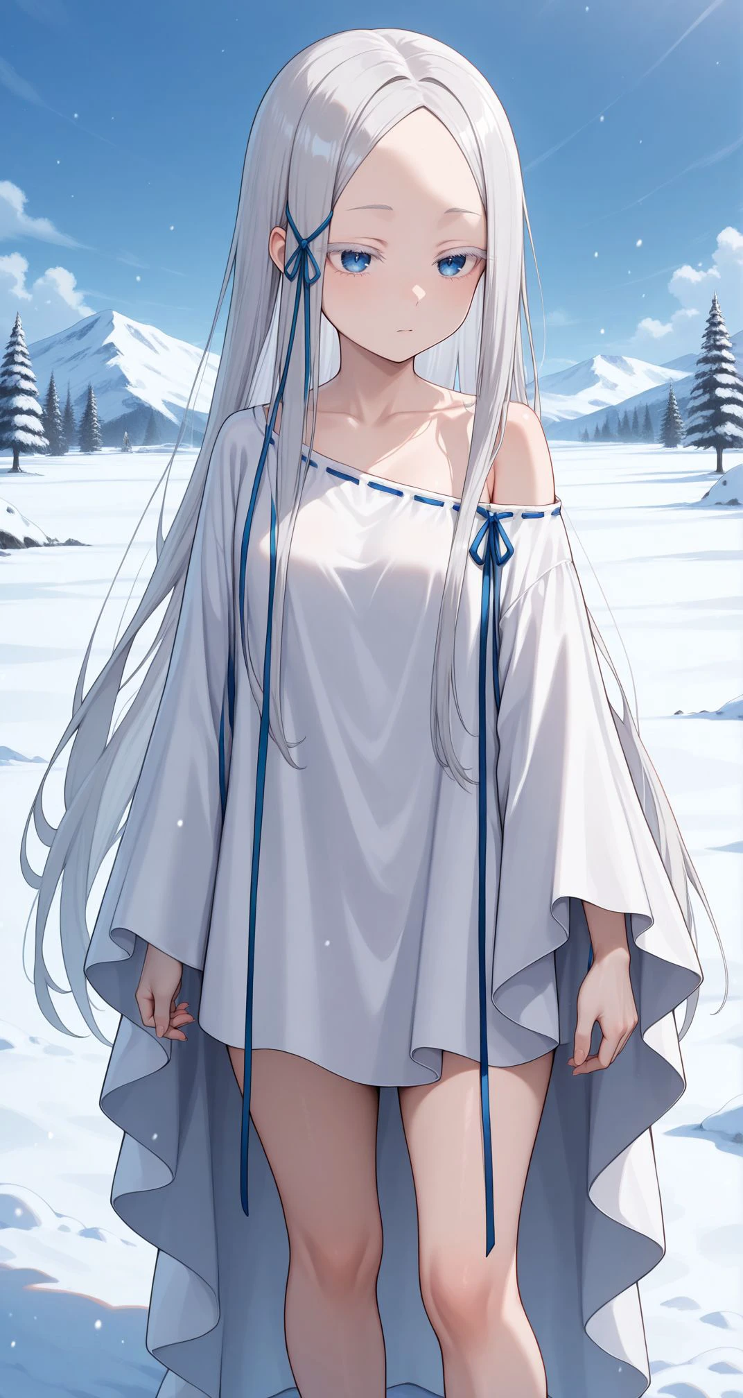 (masterpiece, best quality), amazing quality, very aesthetic, absurdres, highres
1girl,, outdoors, winter,, dutch angle,, upper body, <lora:Pandora:1> 1girl, hair ribbon, blue eyes, parted bangs, blue ribbon, white dress, grey hair, long hair, bare shoulders, off shoulder, white hair, forehead, colored eyelashes, long sleeves, barefoot