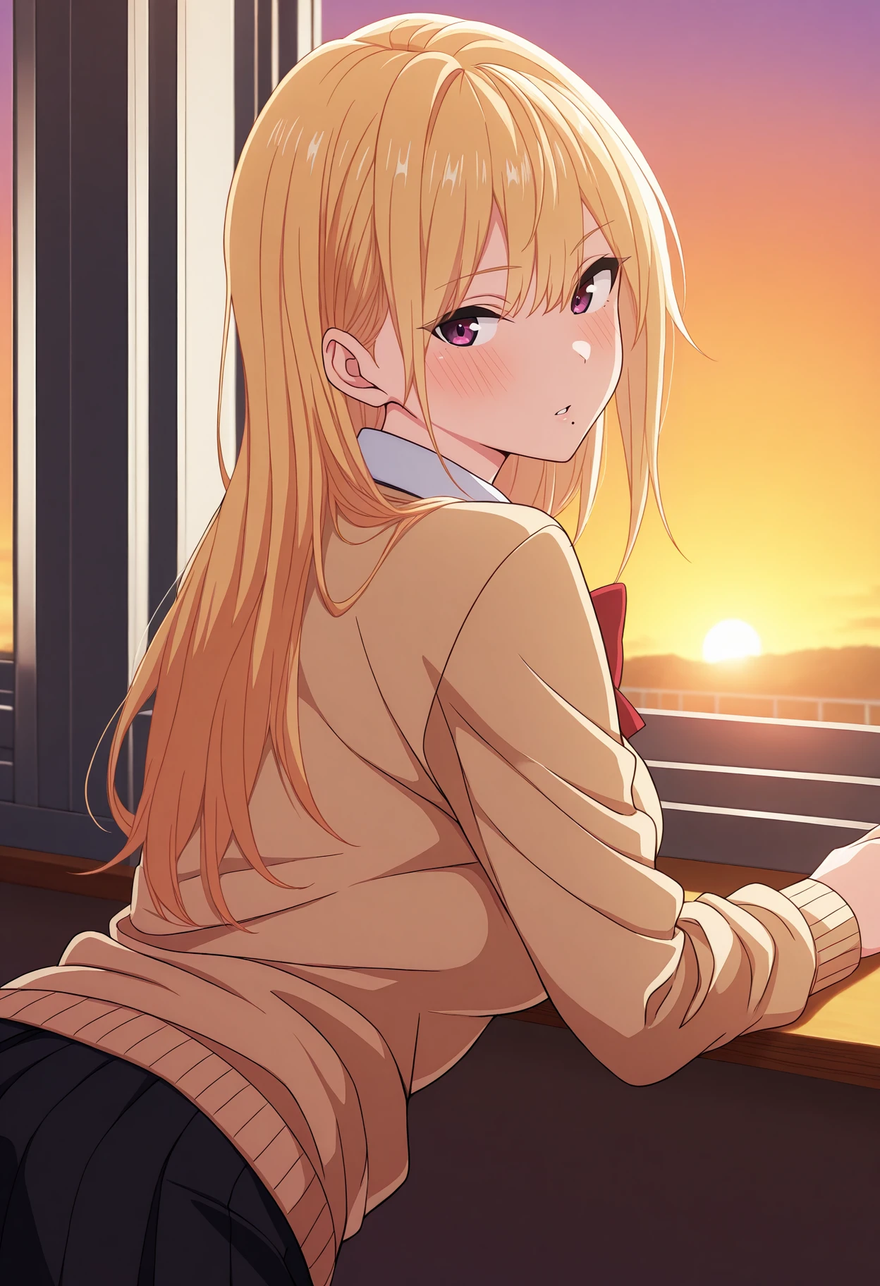 masterpiece, best quality, 1girl, 
<lora:Haruka_Nanase_Seiyoku_Tsuyotsuyo_IL_V1:1>, KJOharuka, blonde hair, dark purple eyes, mole under mouth, long hair, 
school uniform, beige cardigan, red bowtie, black skirt, 
leaning forward, leaning out the window, looking back, expressionless, parted lips, blush, looking back, from behind, 
classroom, windows, sunset,
(Beautiful, medium Breasts:1.2),