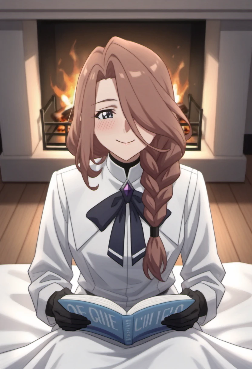 crucabena, gentle, looking behind, long hair, brown hair, hair over one eye, braid, single braid, hair over shoulder, cowboy shot, white shirt, long sleeves, black cape, bow, gem, black gloves, bird's_eye_view, soft_lighting, sitting_on_floor, reading_a_book, blanket_draped, warm_smile, cup_of_tea, fireplace, comfortable_pose, relaxed_mood, <lora:Character_Crucabena - Gentle:0.8>