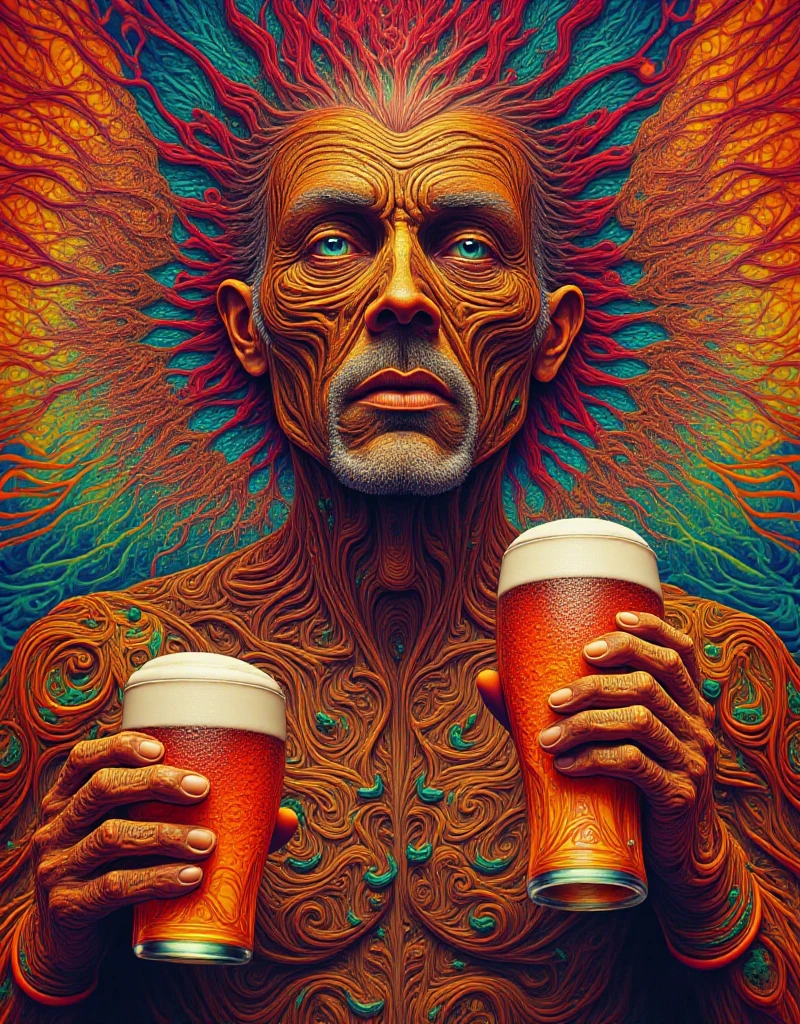 <lora:Psychedelic_style:0.9> psychedelic style, a man holds a beer